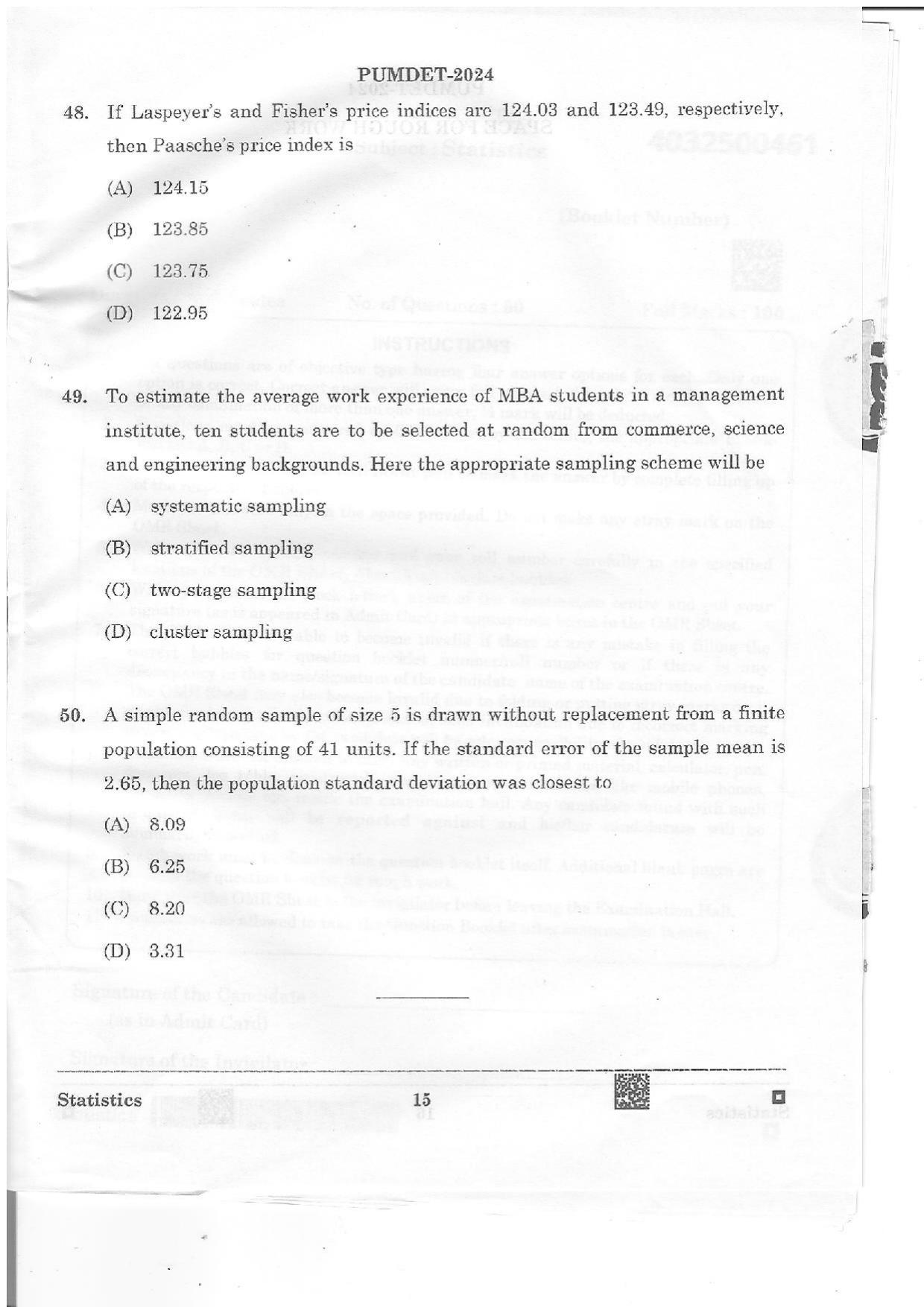 PUMDET 2024 Statistics Question Paper - Page 15
