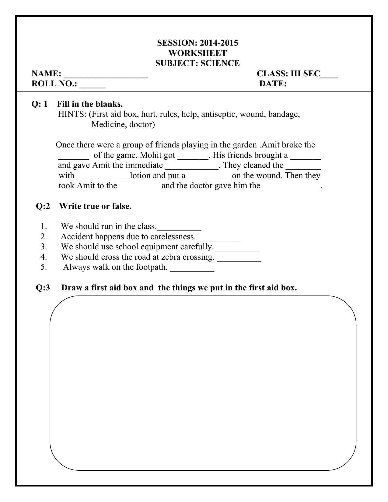 Worksheet for Class 3 Science Assignment 4 - Page 1