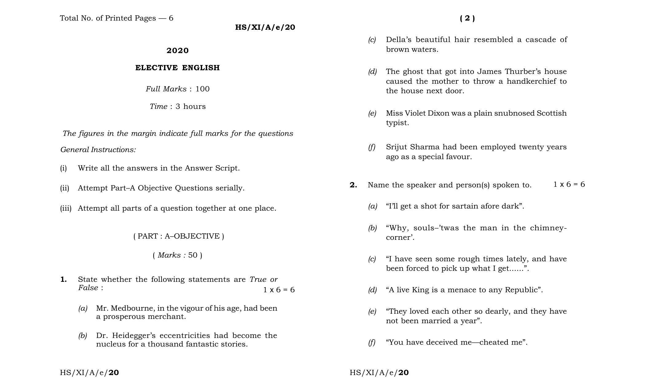 Meghalaya Board (MBOSE) Class 11 Elective English 2020 Question Paper - Page 1