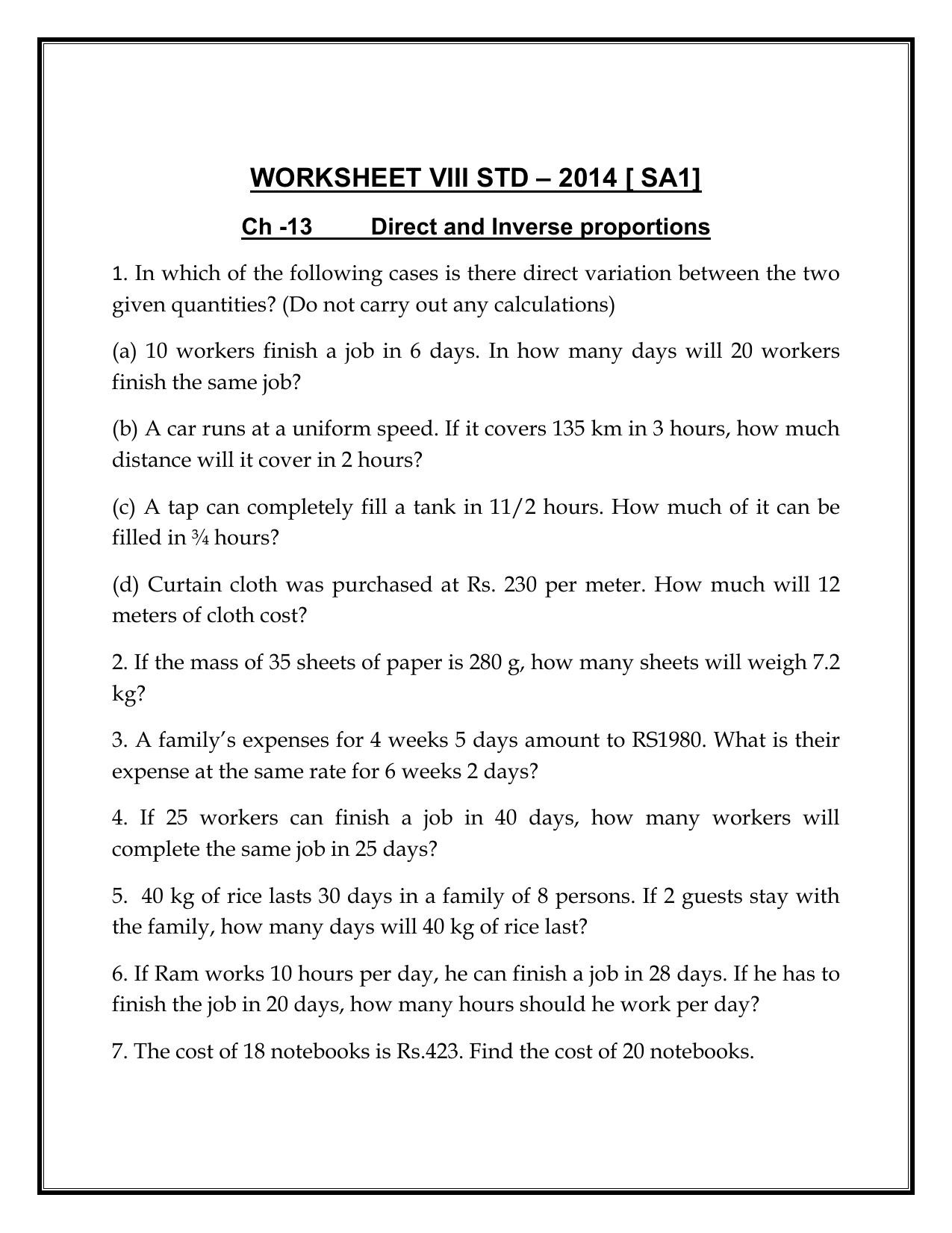 CBSE Worksheets for Class 8 Mathematics Direct and Inverse Proportions Assignment 2 - Page 1