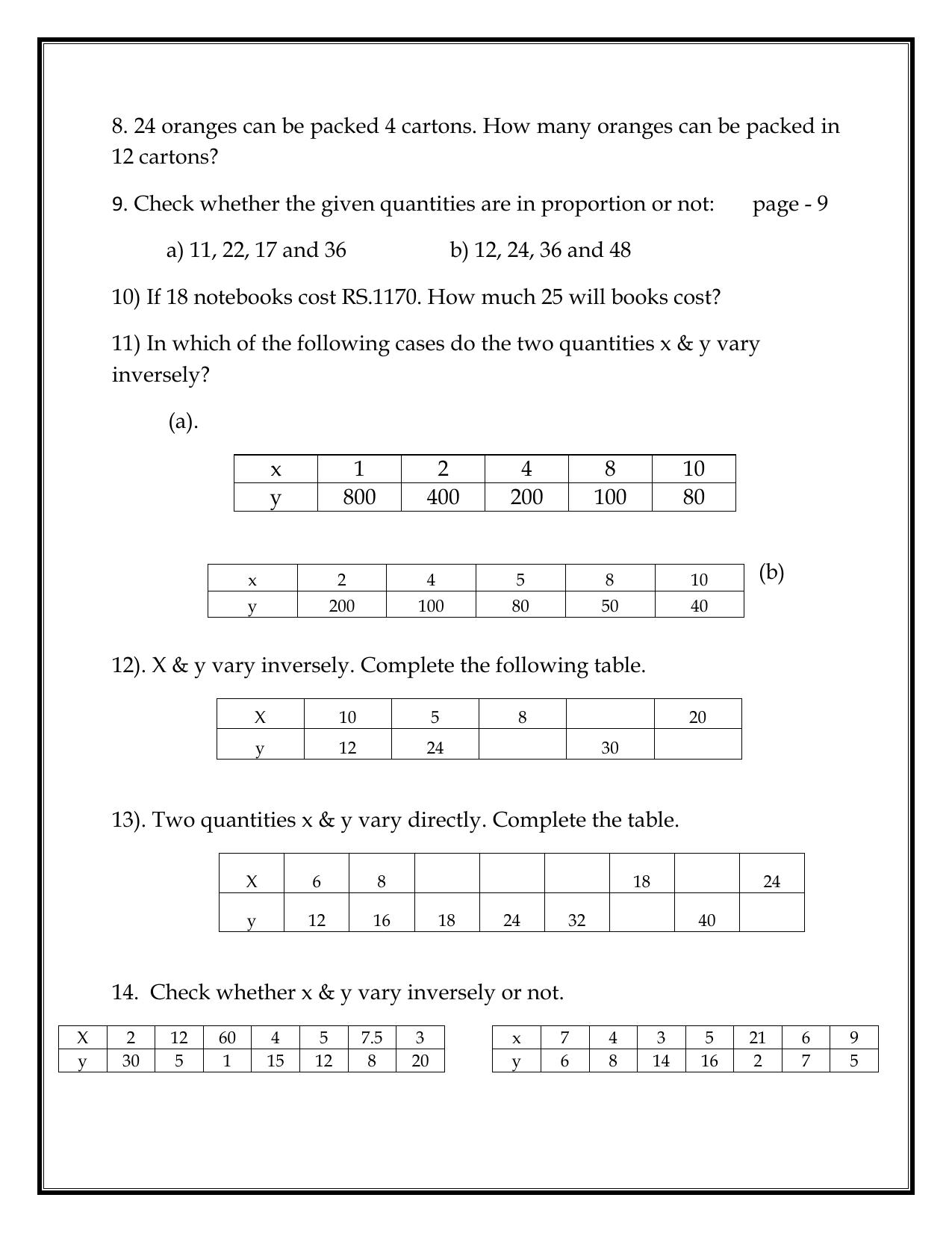 CBSE Worksheets for Class 8 Mathematics Direct and Inverse Proportions Assignment 2 - Page 2