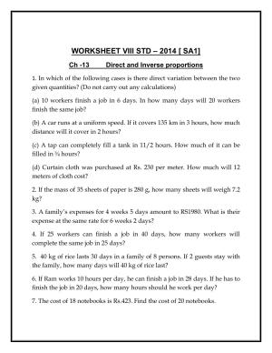 CBSE Worksheets for Class 8 Mathematics Direct and Inverse Proportions Assignment 2