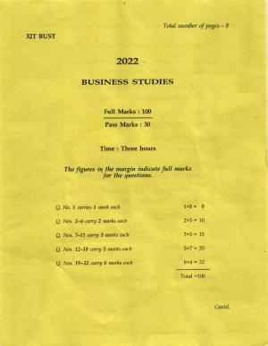 AHSEC Class 12 Business Studies Question Papers 2022