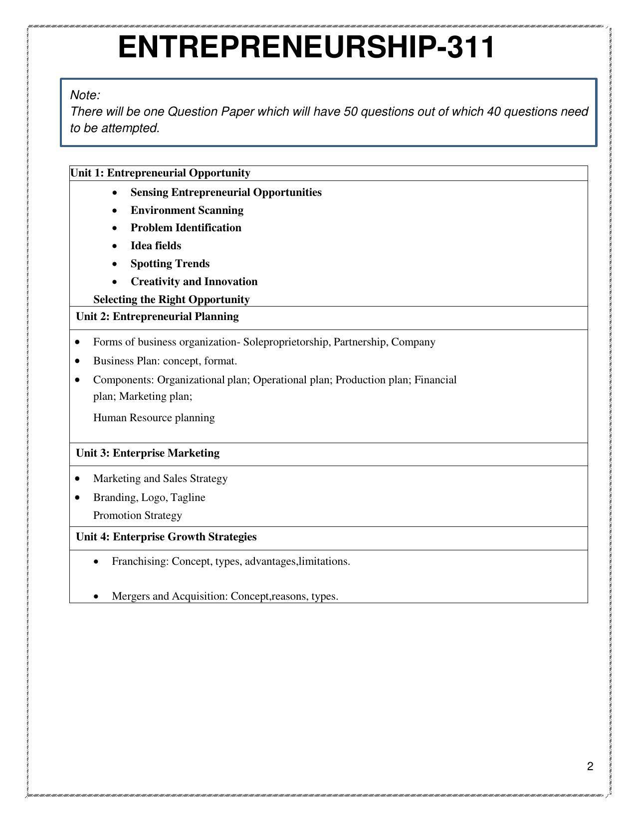 CUET Syllabus for Entrepreneurship (English) - Page 2