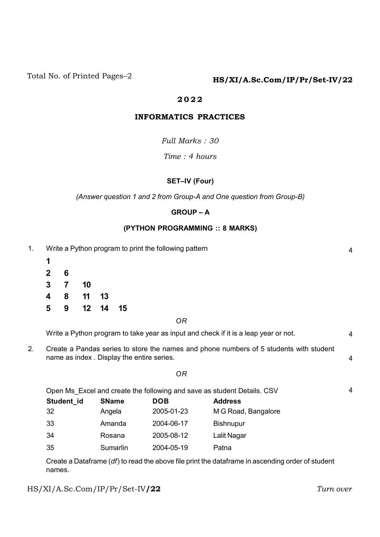 Meghalaya Board (MBOSE) Class 11 Informatic Practices Set I to Set VII (practical) 2022 Question Paper - Page 8