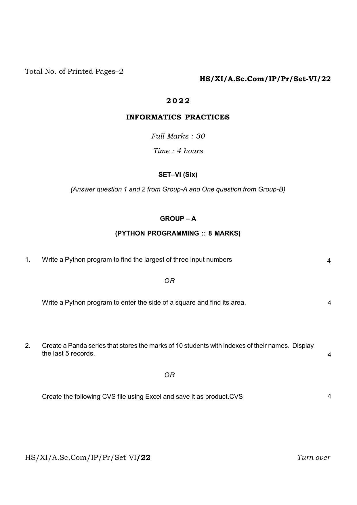 Meghalaya Board (MBOSE) Class 11 Informatic Practices Set I to Set VII (practical) 2022 Question Paper - Page 12