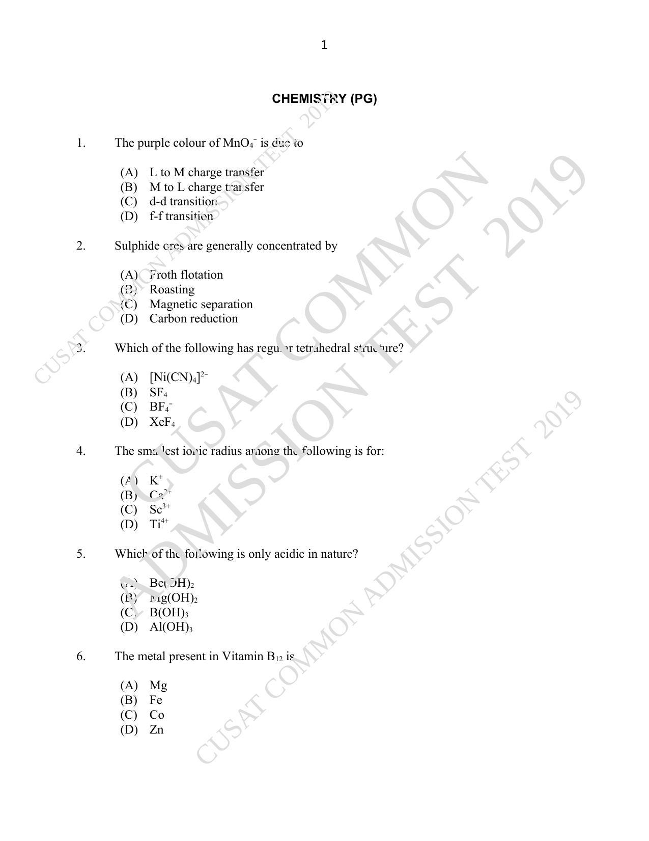 CUSAT CAT 2019 Msc Chemistry Question Paper With Answer Key - Page 1