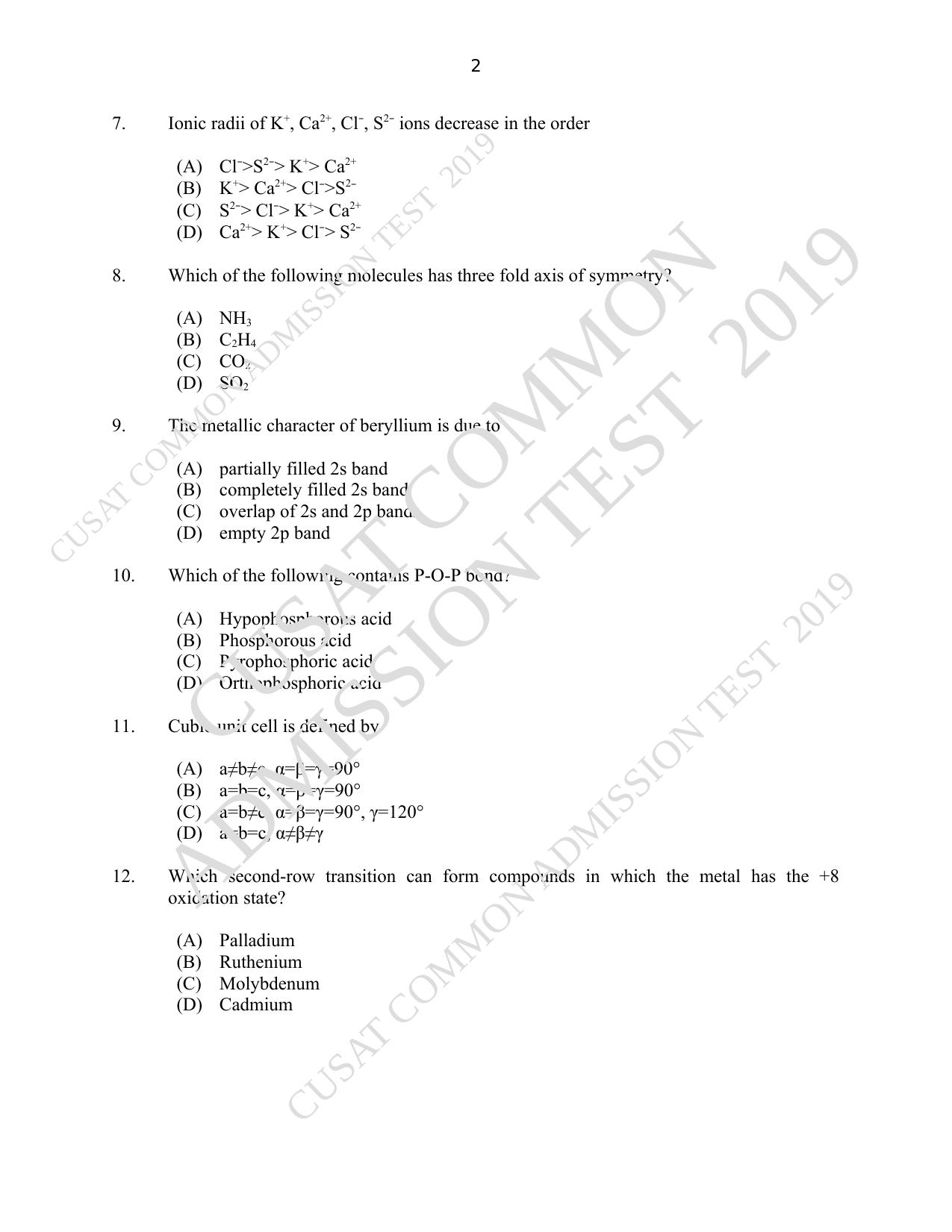 CUSAT CAT 2019 Msc Chemistry Question Paper With Answer Key - Page 2