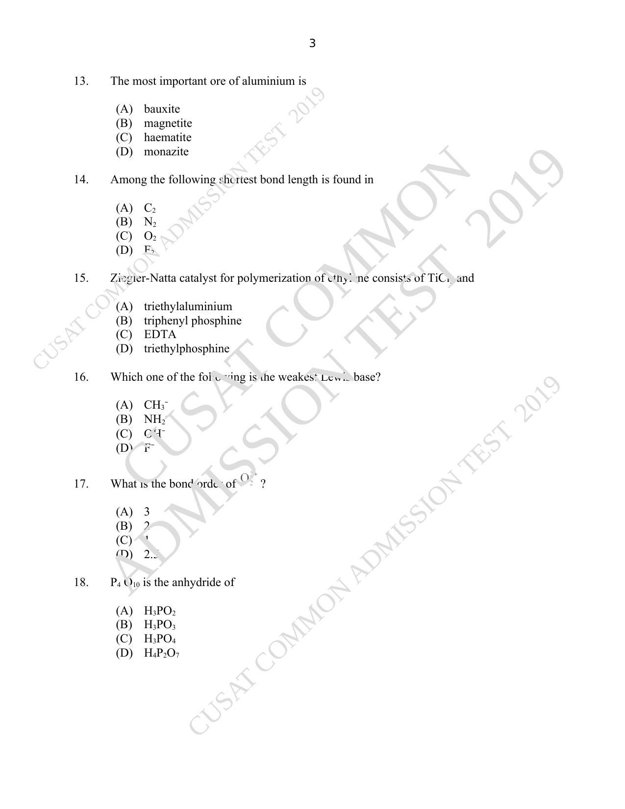 CUSAT CAT 2019 Msc Chemistry Question Paper With Answer Key - Page 3