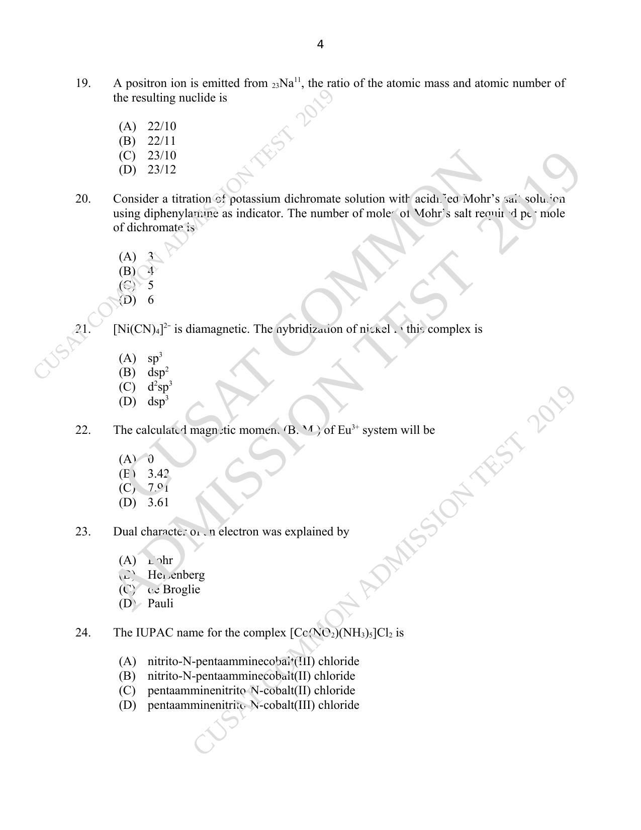 CUSAT CAT 2019 Msc Chemistry Question Paper With Answer Key - Page 4