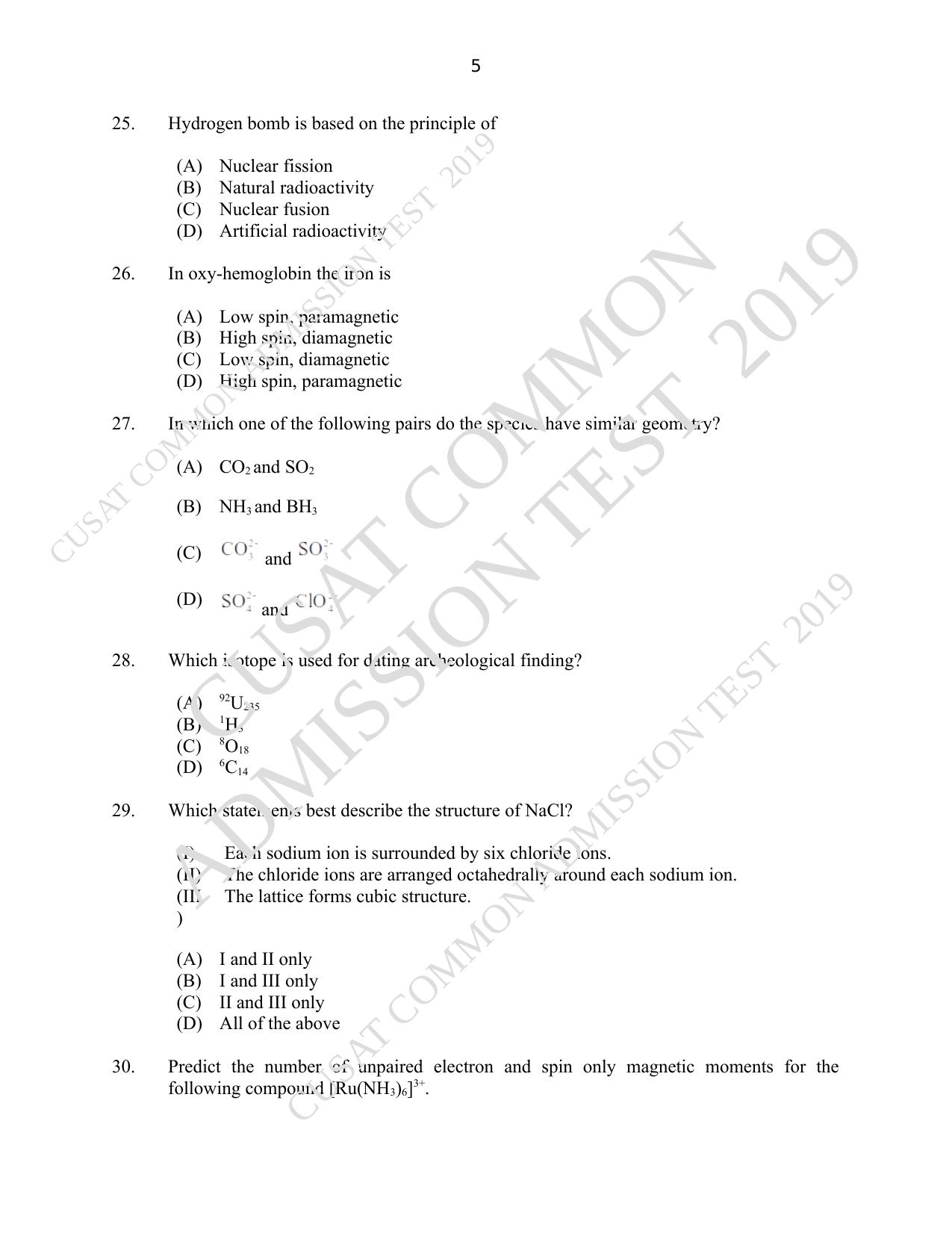 CUSAT CAT 2019 Msc Chemistry Question Paper With Answer Key - Page 5