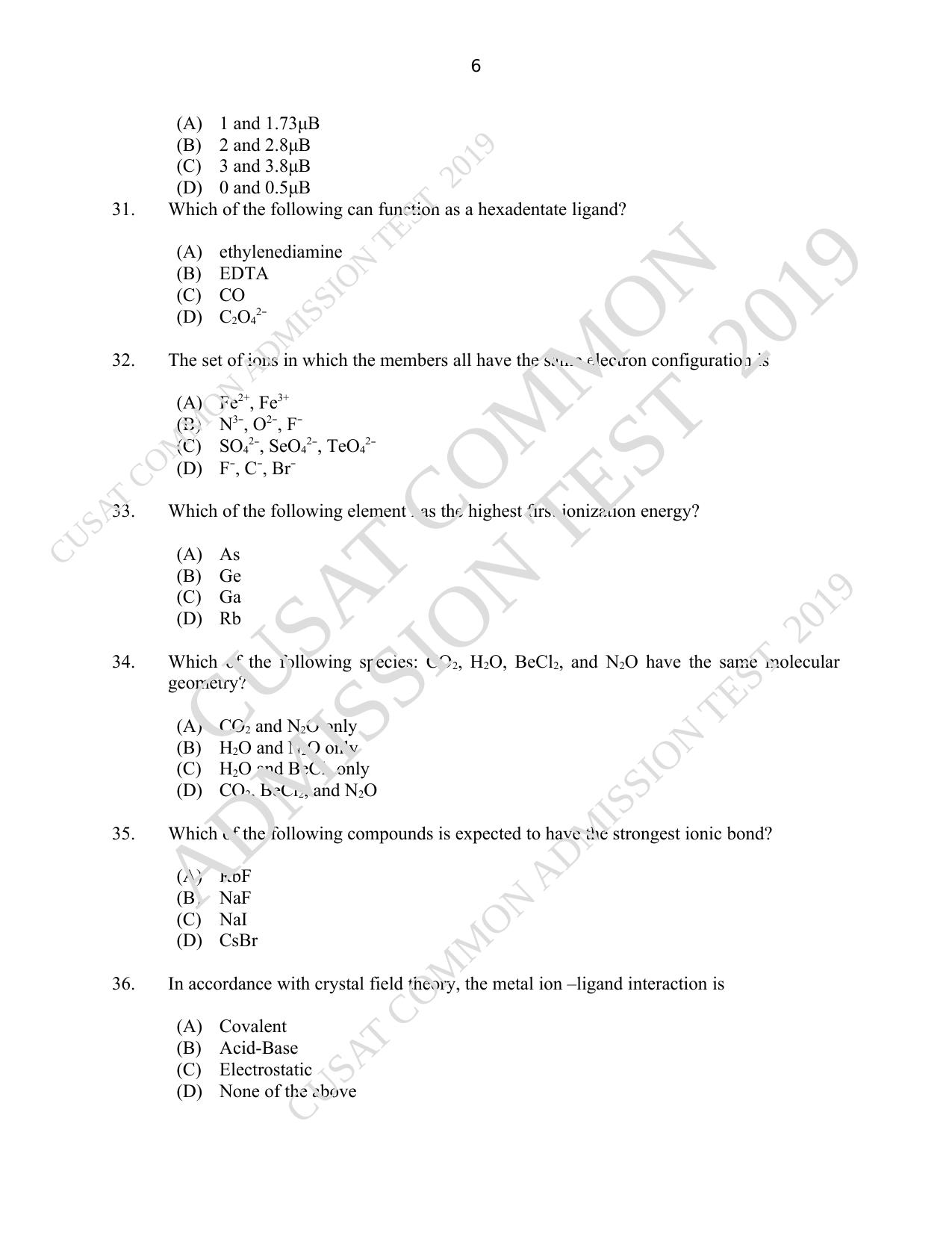 CUSAT CAT 2019 Msc Chemistry Question Paper With Answer Key - Page 6