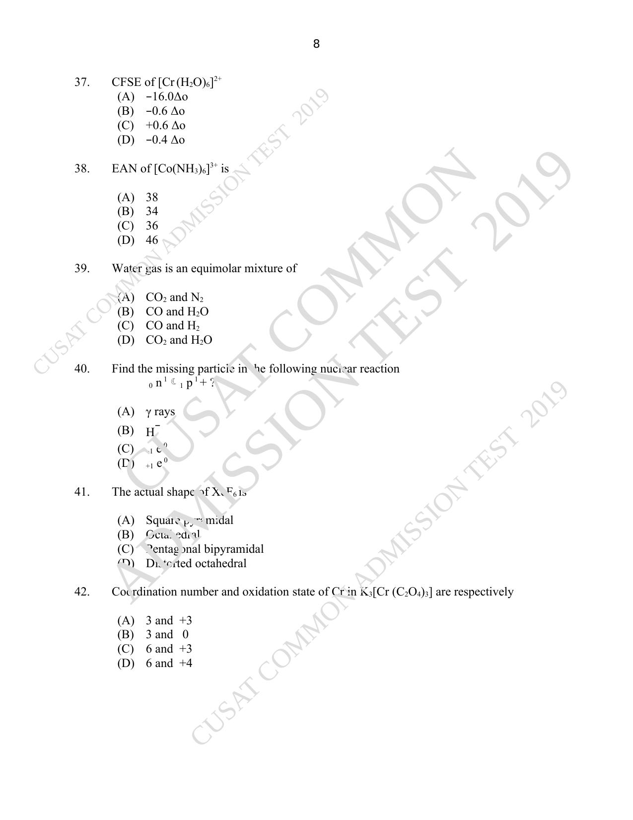 CUSAT CAT 2019 Msc Chemistry Question Paper With Answer Key - Page 8