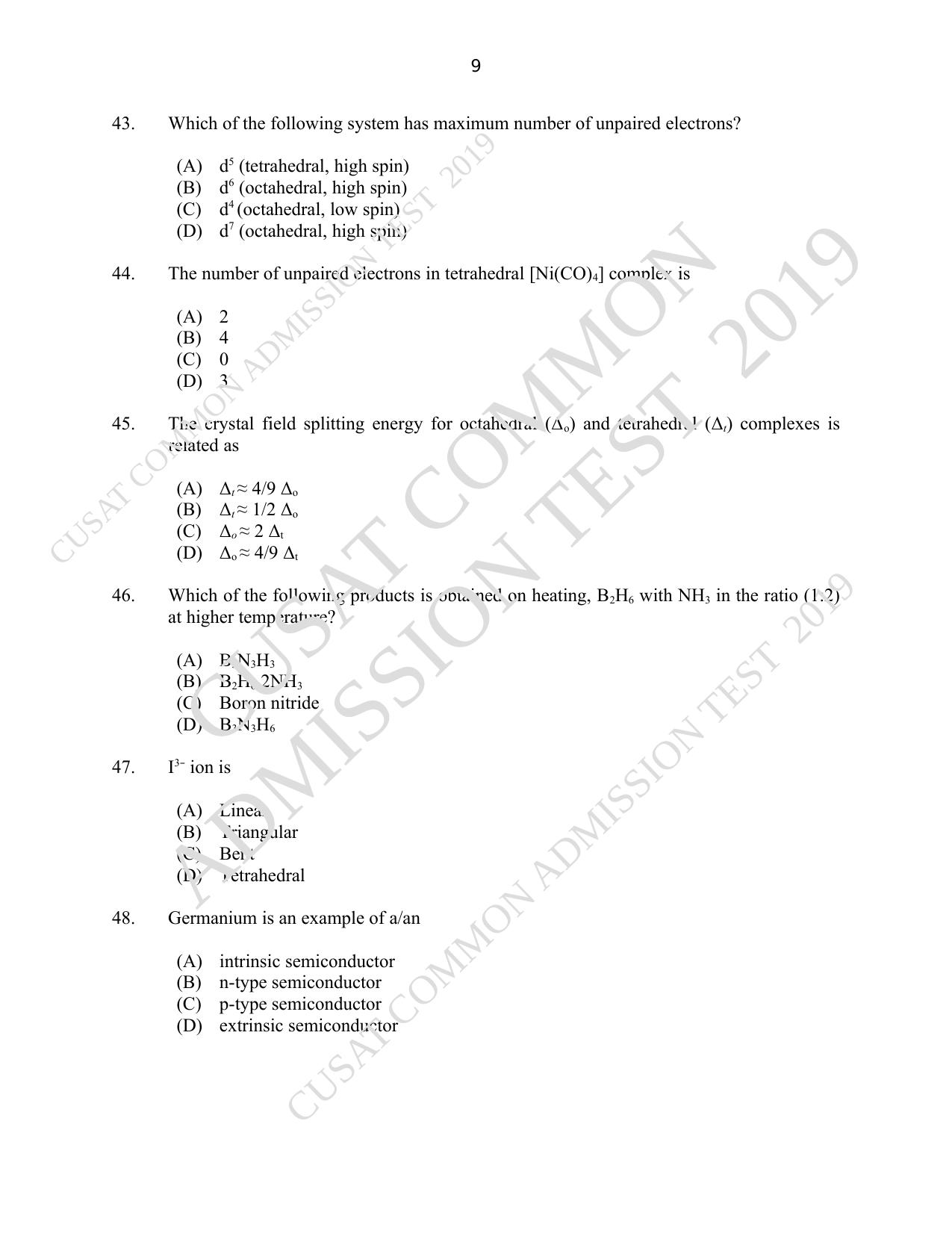 CUSAT CAT 2019 Msc Chemistry Question Paper With Answer Key - Page 9