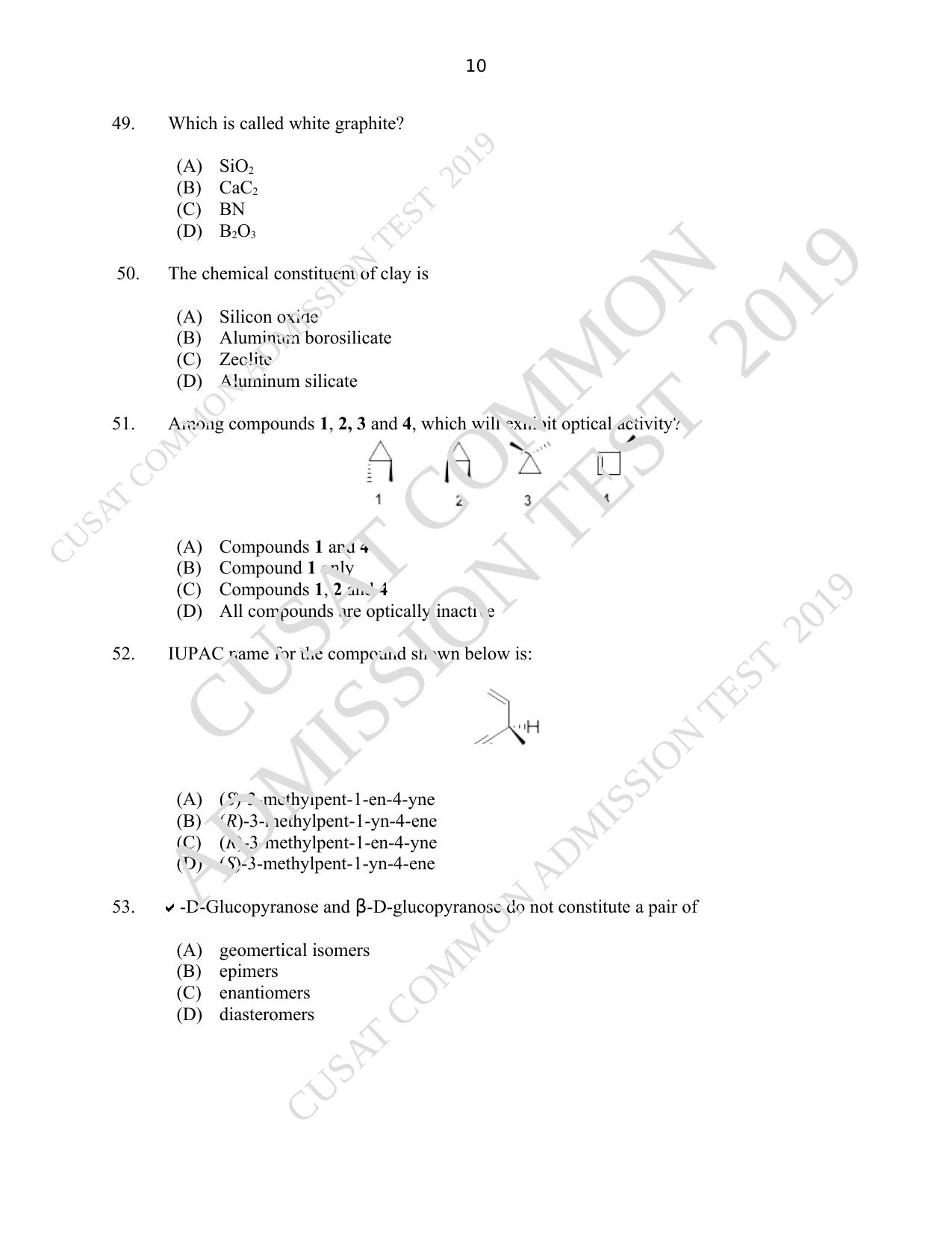 CUSAT CAT 2019 Msc Chemistry Question Paper With Answer Key - Page 10