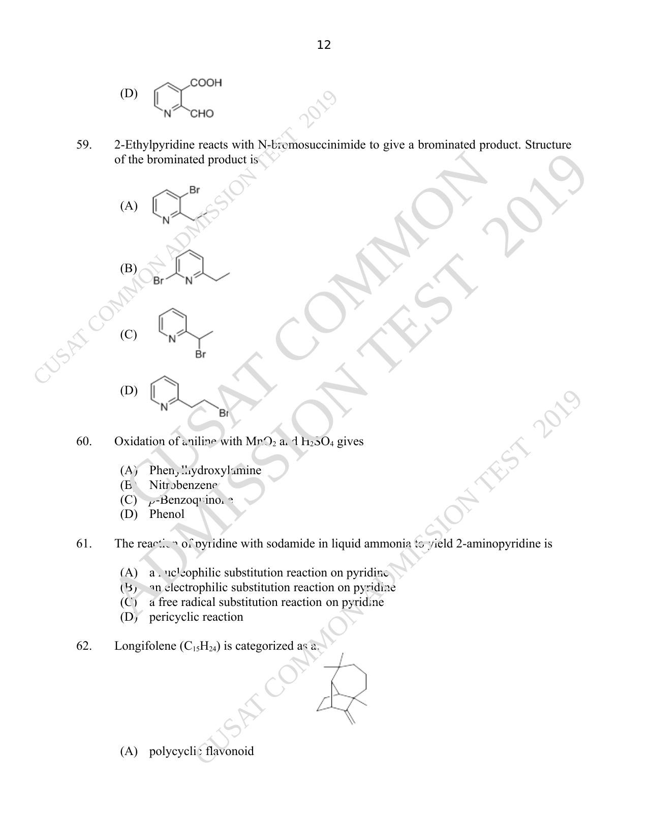 CUSAT CAT 2019 Msc Chemistry Question Paper With Answer Key - Page 12