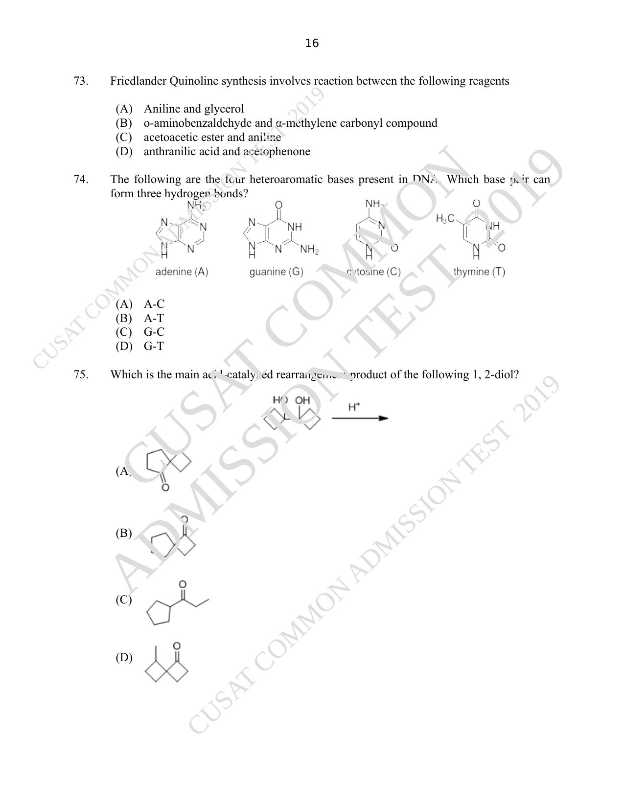 CUSAT CAT 2019 Msc Chemistry Question Paper With Answer Key - Page 16