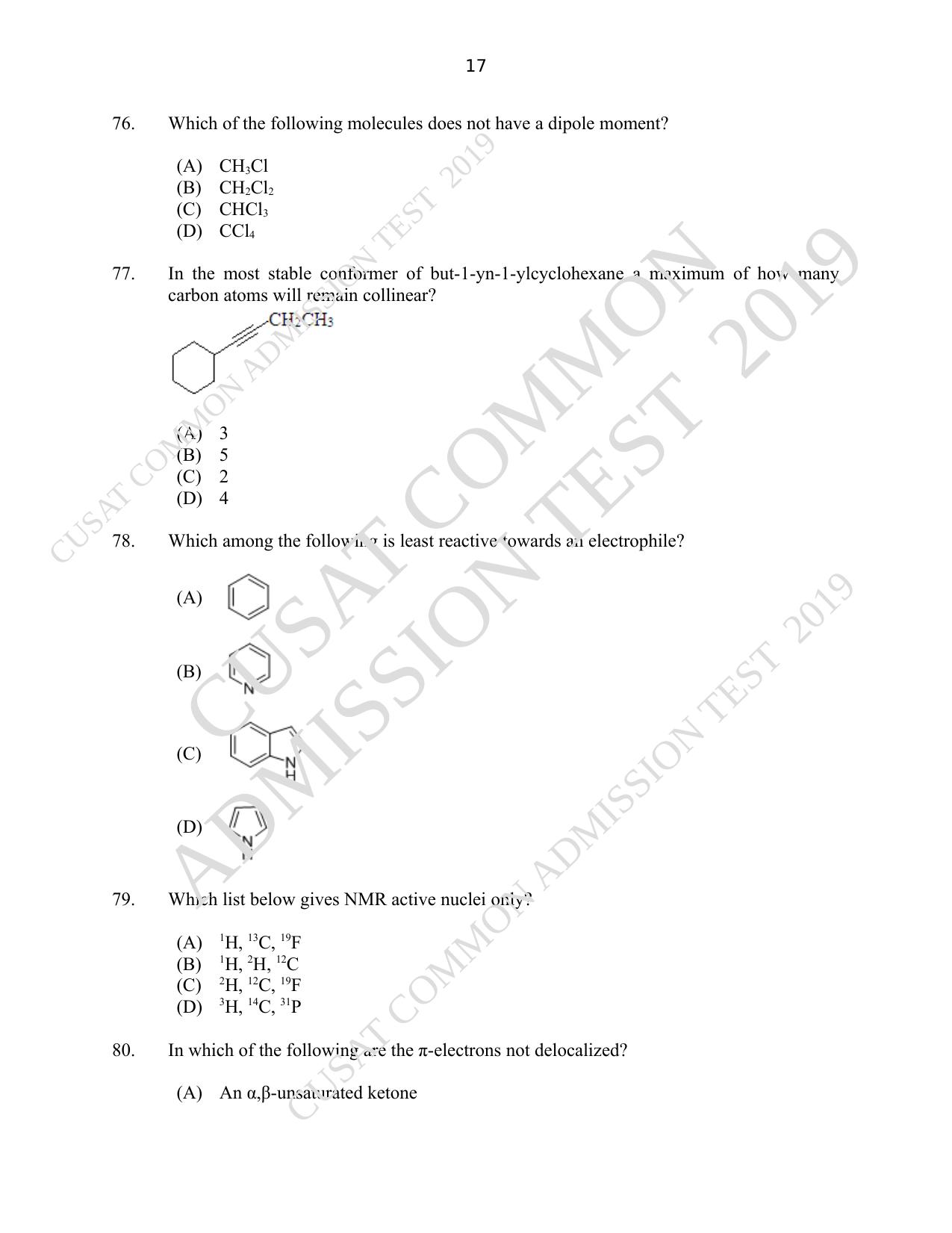 CUSAT CAT 2019 Msc Chemistry Question Paper With Answer Key - Page 17