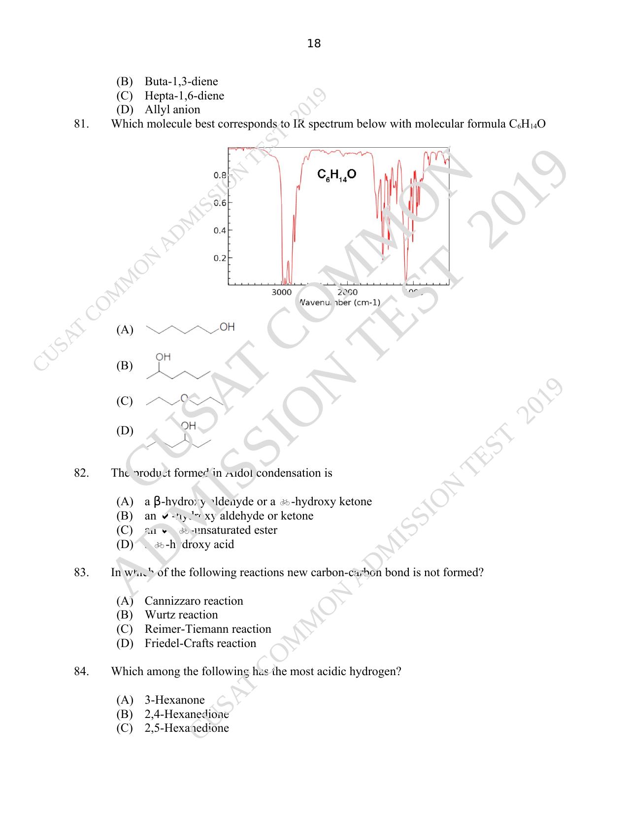 CUSAT CAT 2019 Msc Chemistry Question Paper With Answer Key - Page 18