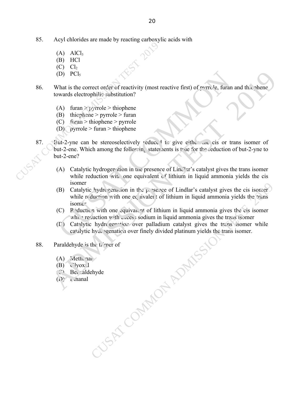 CUSAT CAT 2019 Msc Chemistry Question Paper With Answer Key - Page 20