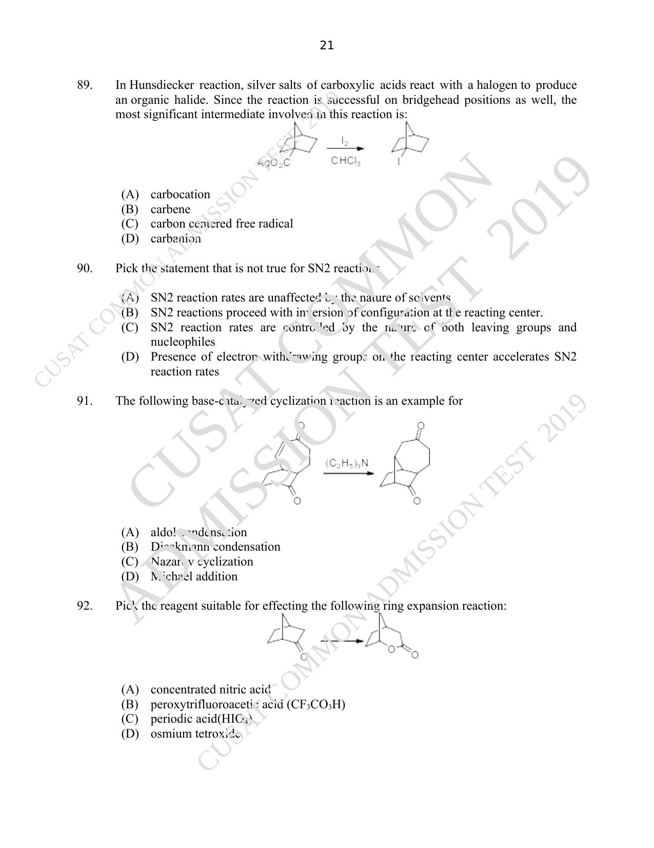 CUSAT CAT 2019 Msc Chemistry Question Paper With Answer Key - Page 21