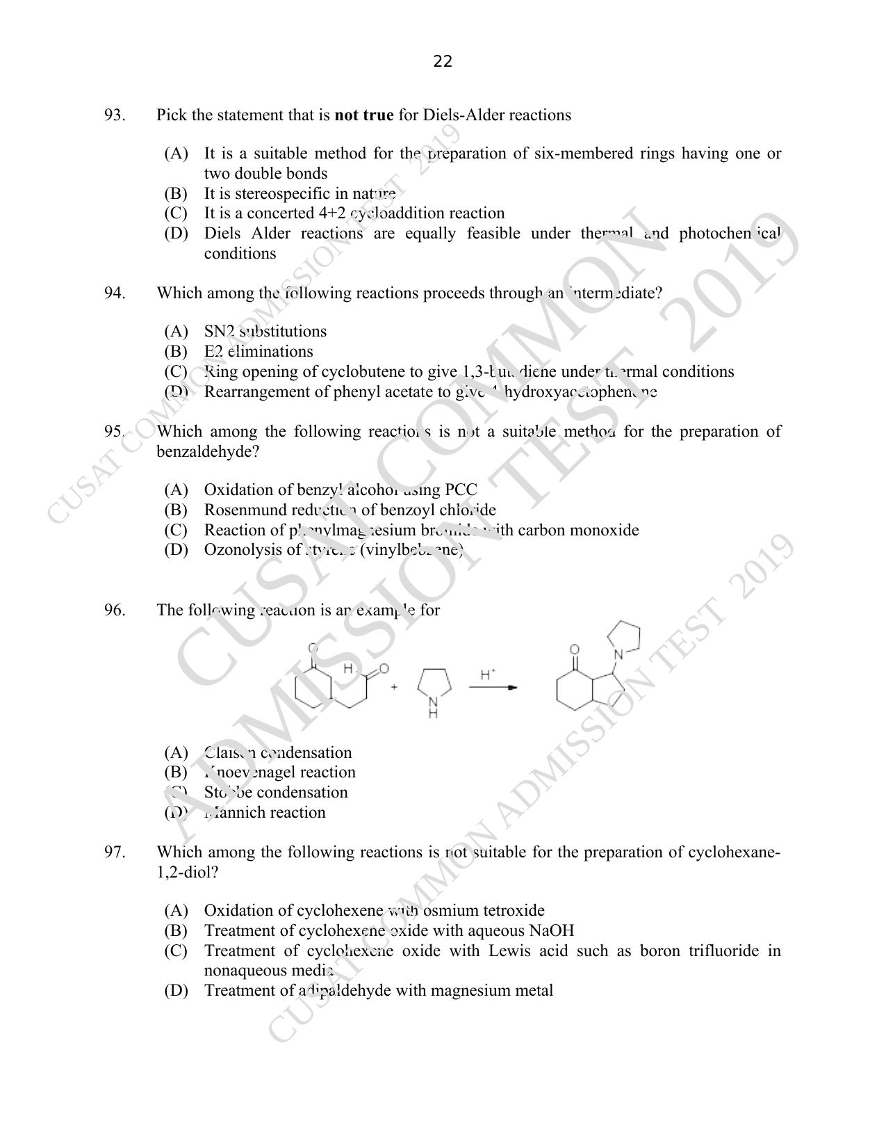 CUSAT CAT 2019 Msc Chemistry Question Paper With Answer Key - Page 22