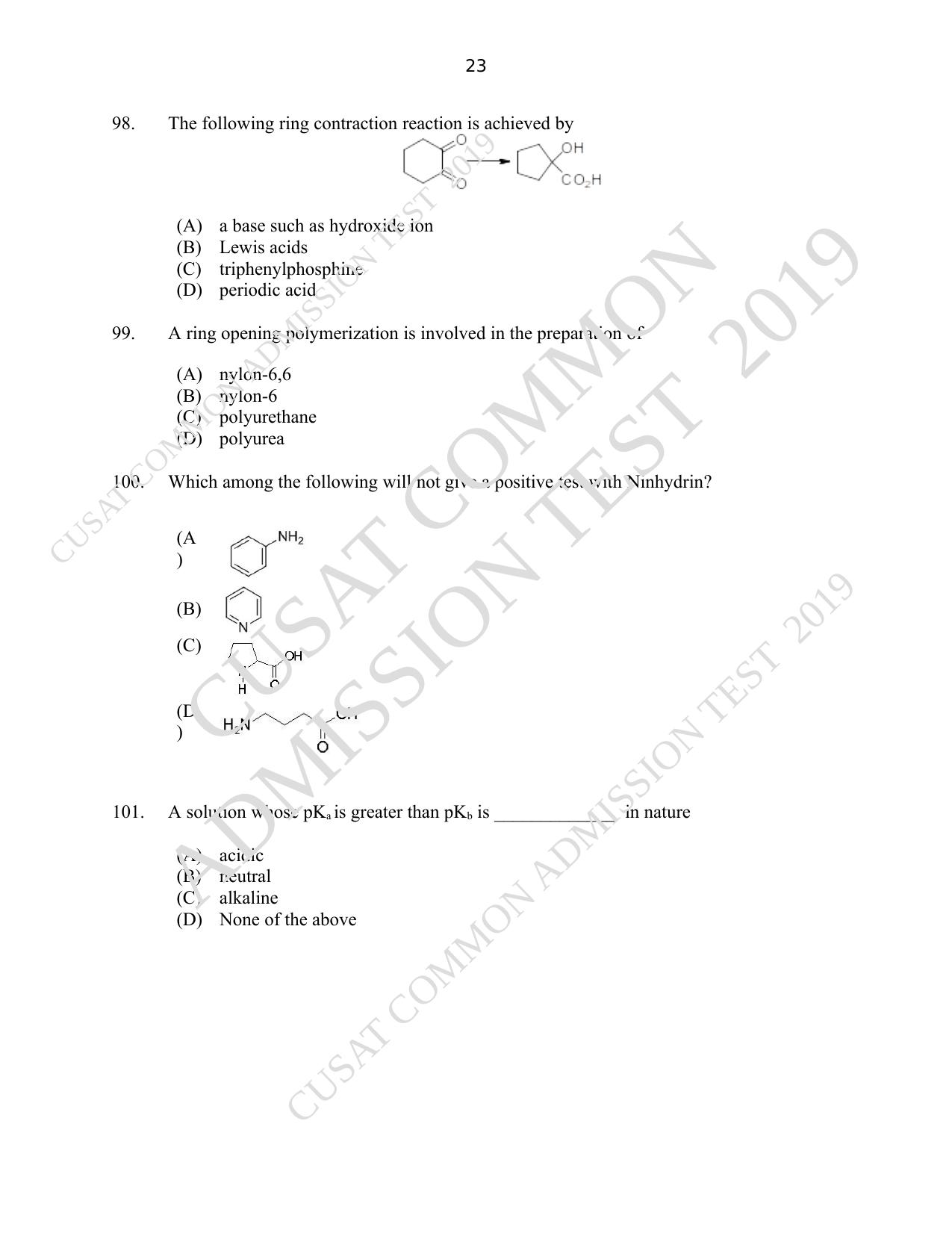 CUSAT CAT 2019 Msc Chemistry Question Paper With Answer Key - Page 23