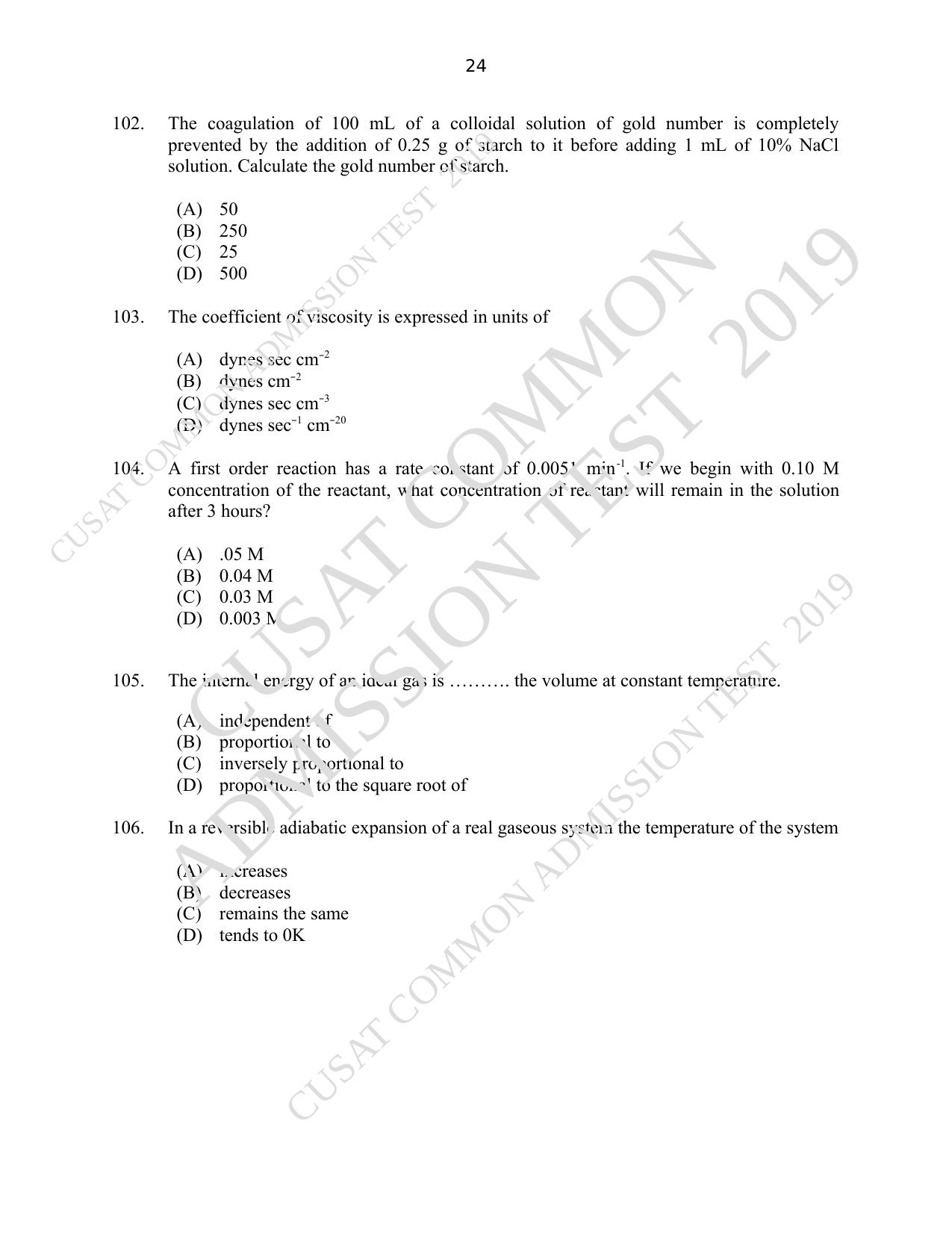 CUSAT CAT 2019 Msc Chemistry Question Paper With Answer Key - Page 24