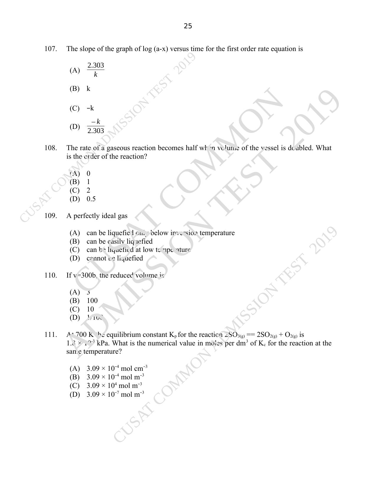 CUSAT CAT 2019 Msc Chemistry Question Paper With Answer Key - Page 25