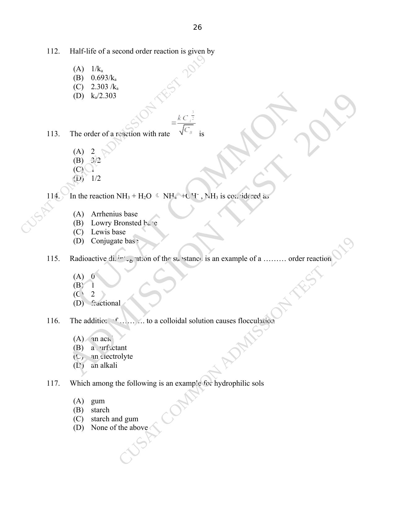 CUSAT CAT 2019 Msc Chemistry Question Paper With Answer Key - Page 26