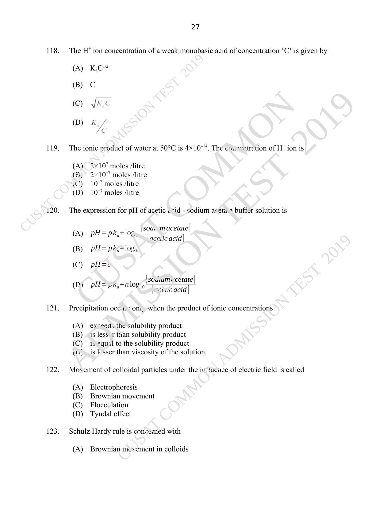 CUSAT CAT 2019 Msc Chemistry Question Paper With Answer Key - Page 27