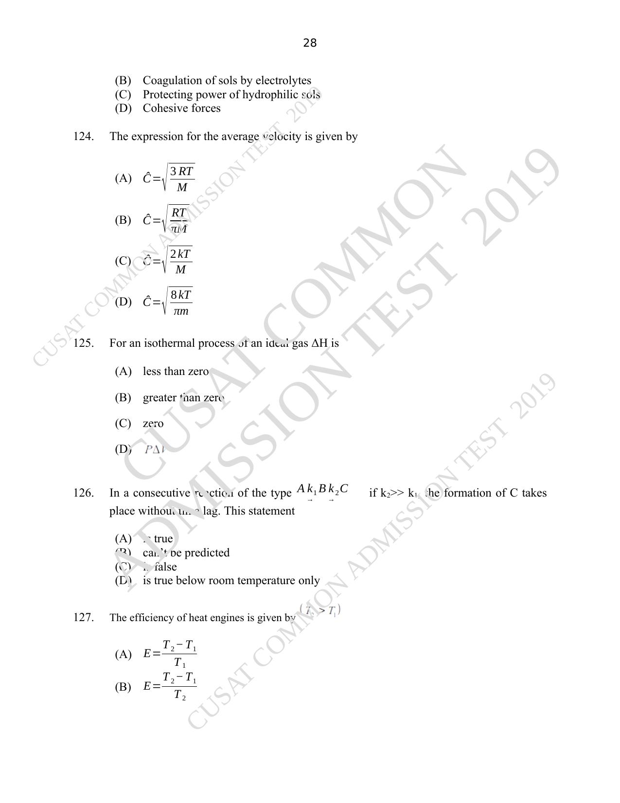 CUSAT CAT 2019 Msc Chemistry Question Paper With Answer Key - Page 28