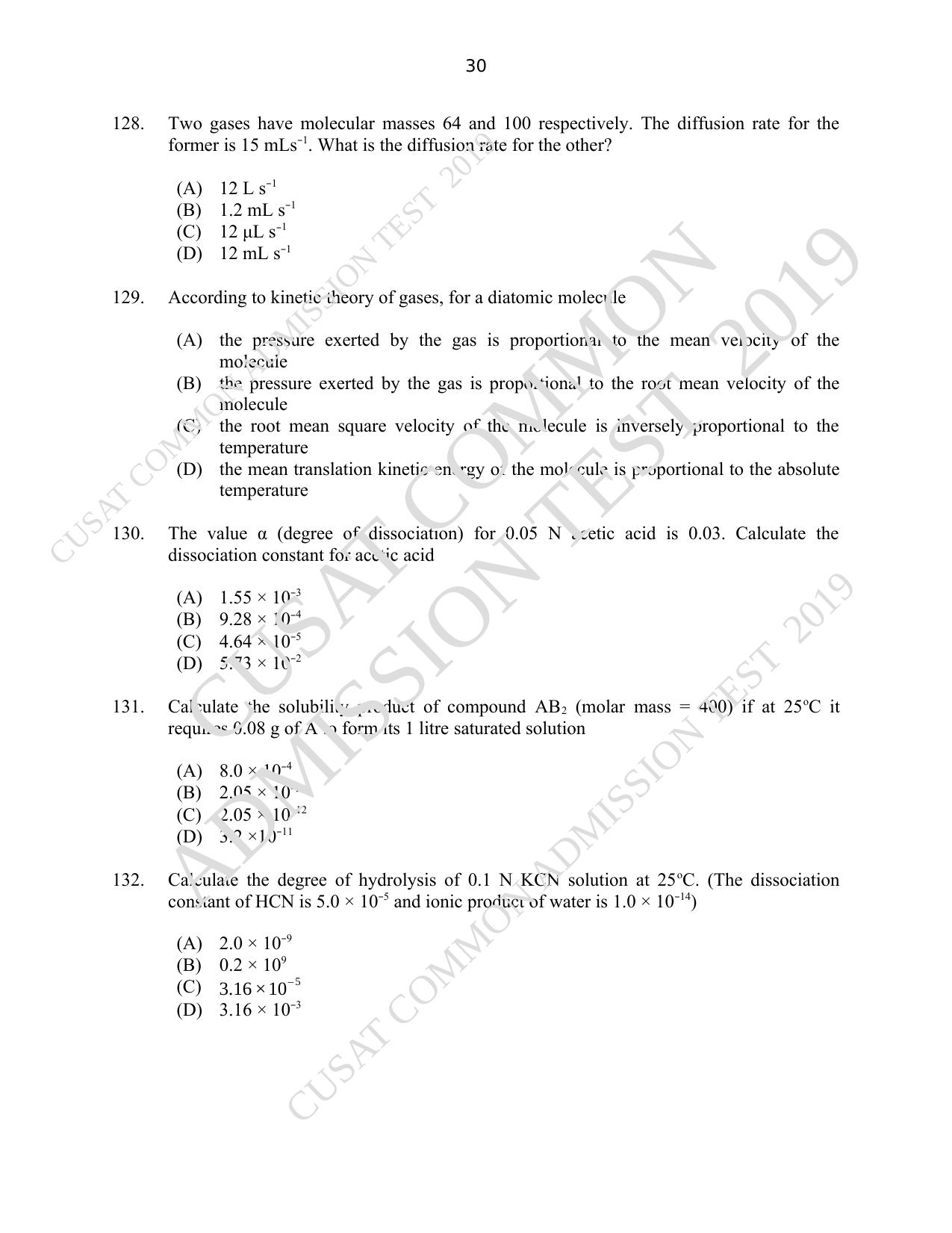 CUSAT CAT 2019 Msc Chemistry Question Paper With Answer Key - Page 30