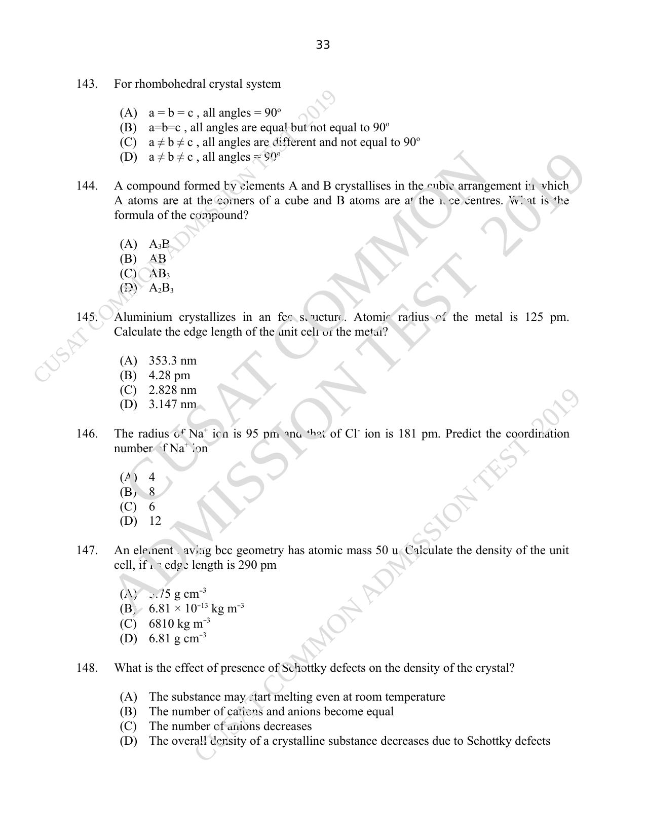 CUSAT CAT 2019 Msc Chemistry Question Paper With Answer Key - Page 33