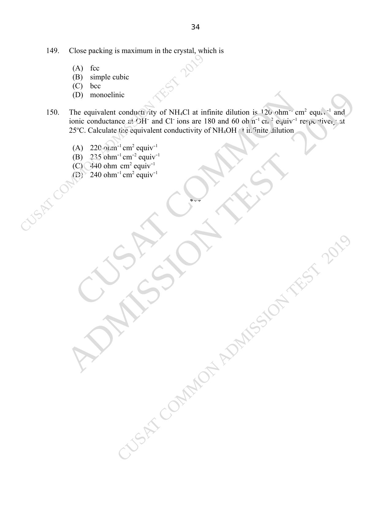 CUSAT CAT 2019 Msc Chemistry Question Paper With Answer Key - Page 34