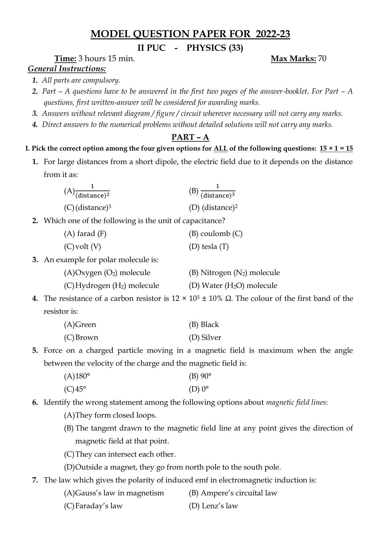 Karnataka II PUC Physics Model Question Paper 2023 - Page 4