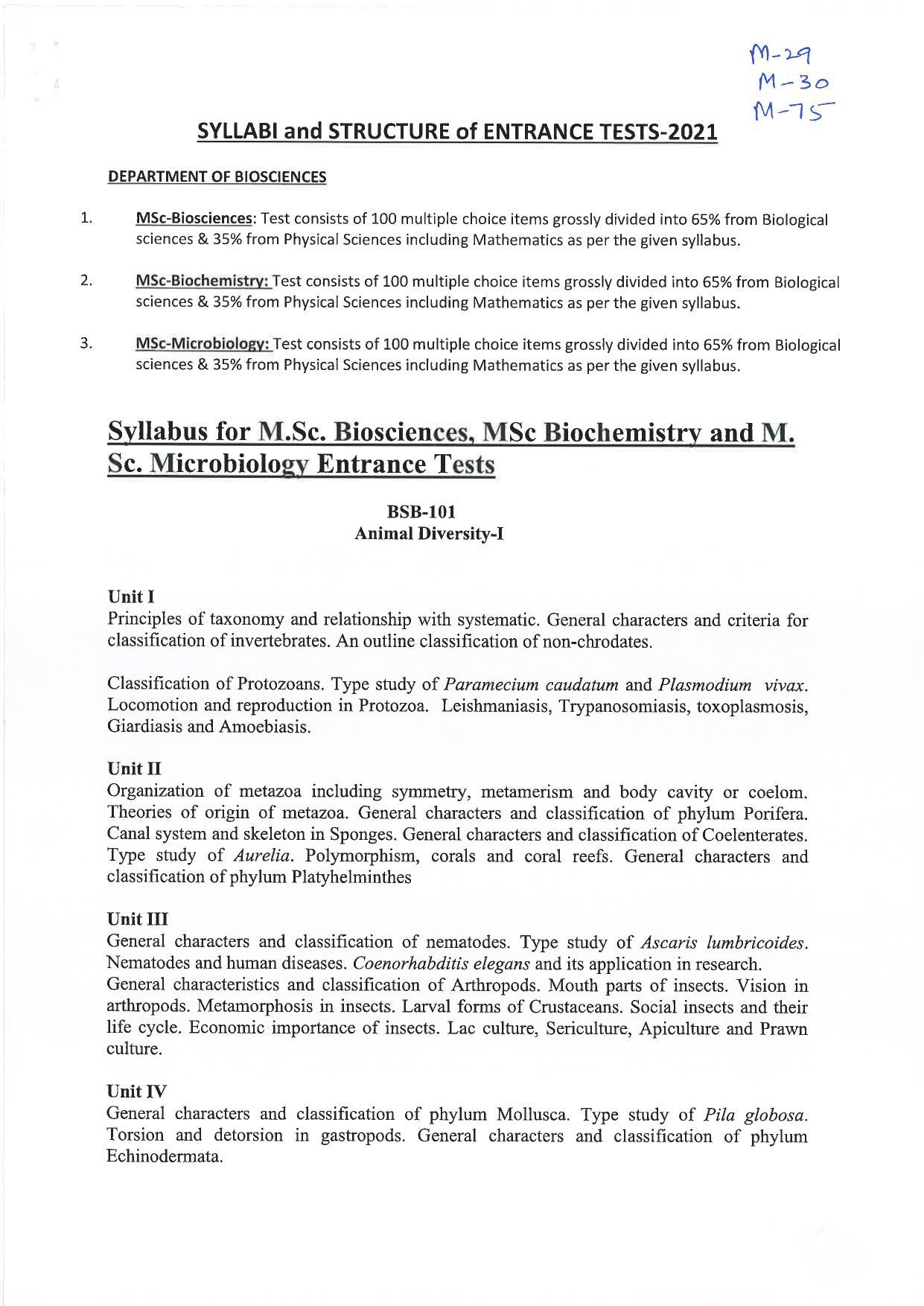 JMI Entrance Exam M29M.Sc. (Biosciences) Syllabus IndCareer Docs