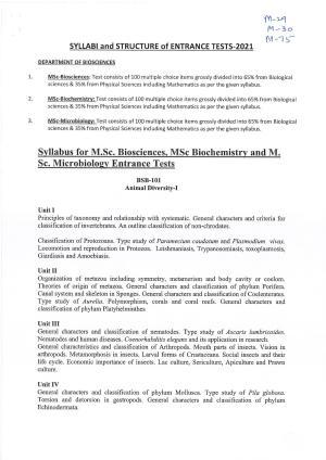 JMI Entrance Exam M29-M.Sc. (Biosciences) Syllabus