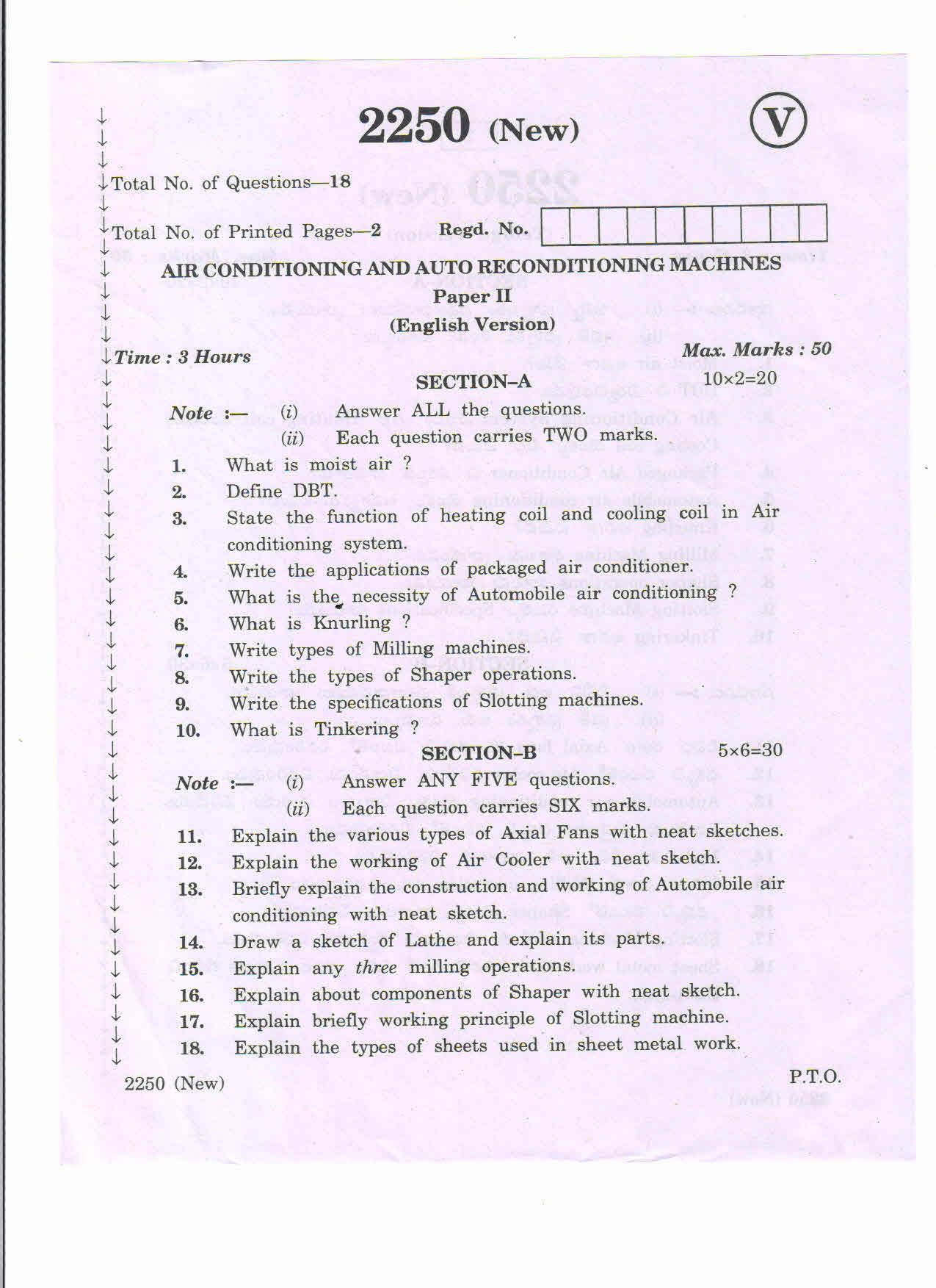 AP Inter 2nd Year Vocational Question Paper March - 2020 - Air Conditioning_Auto Reconditioning Machines - II (new) - Page 1