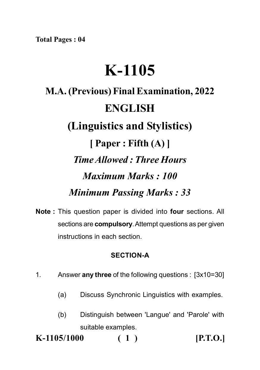 Sarguja University Question Paper - 2022 :   M.A. (Previous) English Linguistics & Stylistics Paper I - Page 1