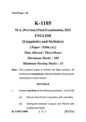 Sarguja University Question Paper - 2022 :   M.A. (Previous) English Linguistics & Stylistics Paper I
