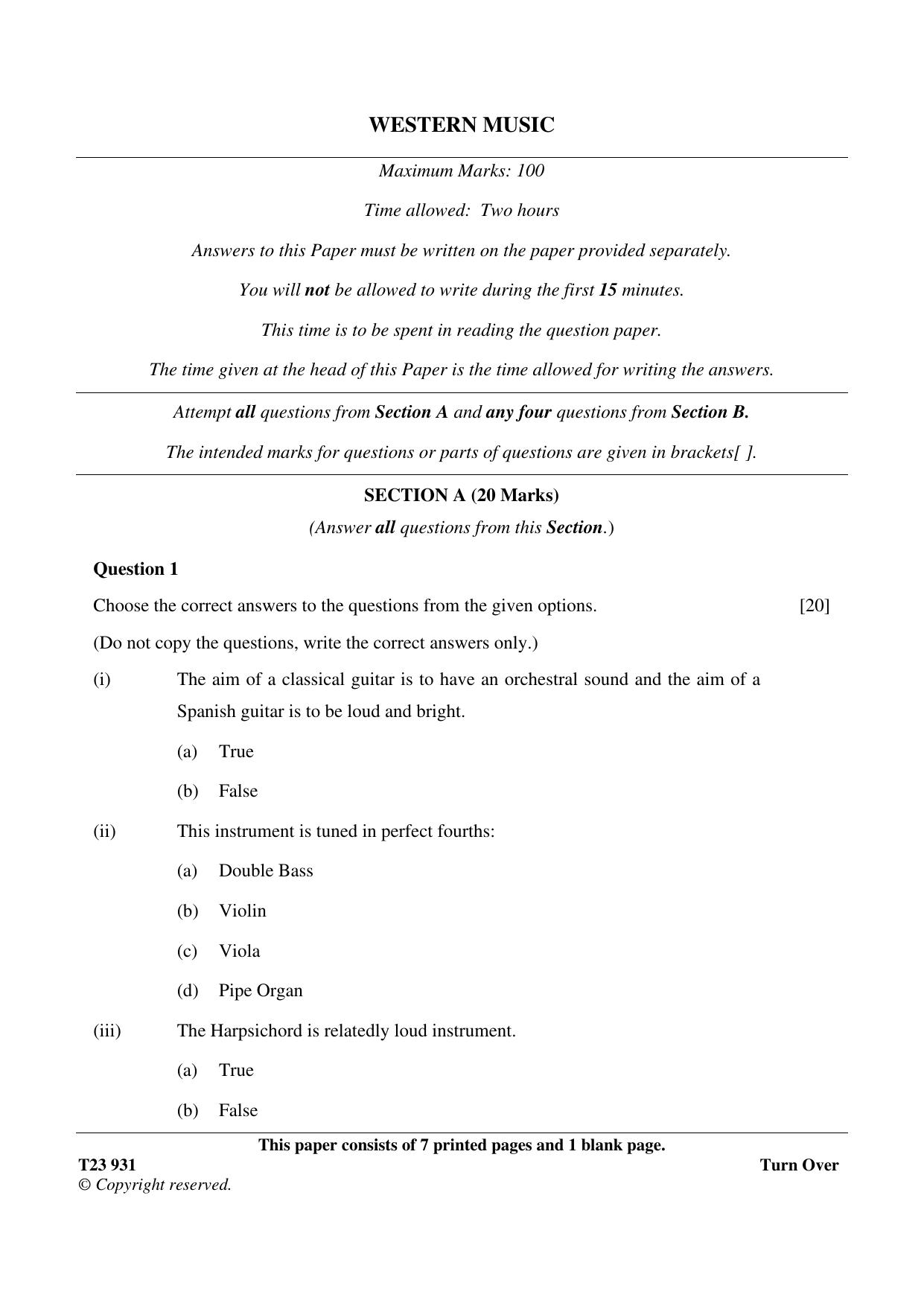 ICSE Class 10 WESTERN MUSIC 2023 Question Paper - Page 1