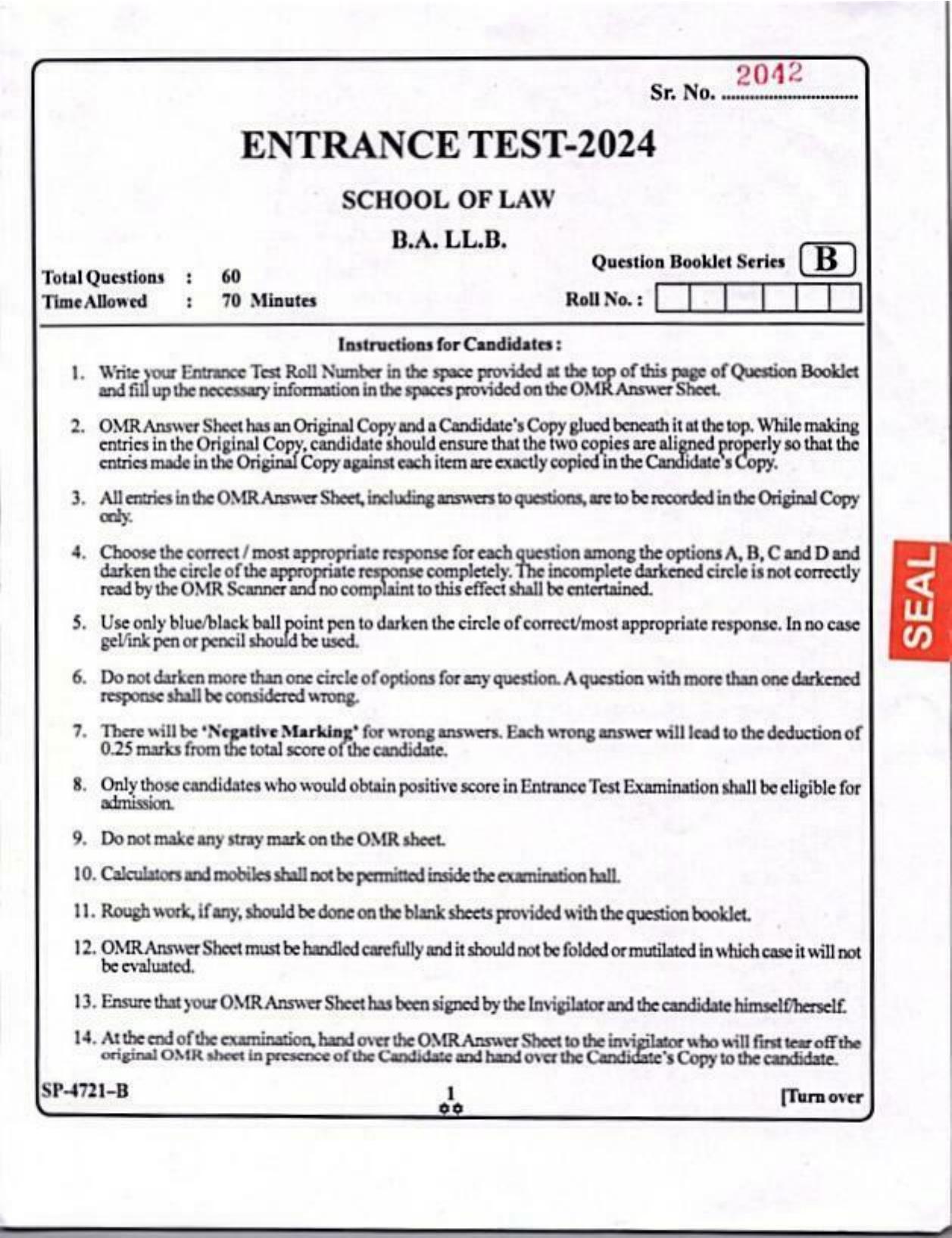 KUET 2024 BA LLB Question Paper - Page 1