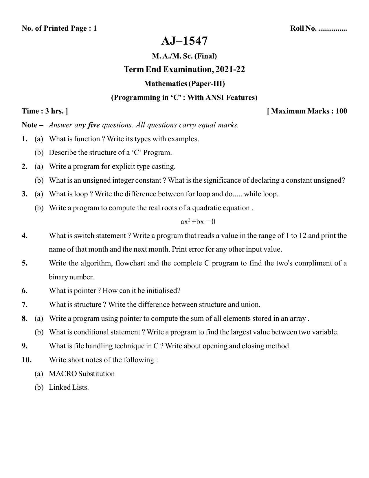 Bilaspur University Question Paper 2021-2022:M.A (Final) Mathematics Programming In C With Ansi Feature Paper 1 - Page 1