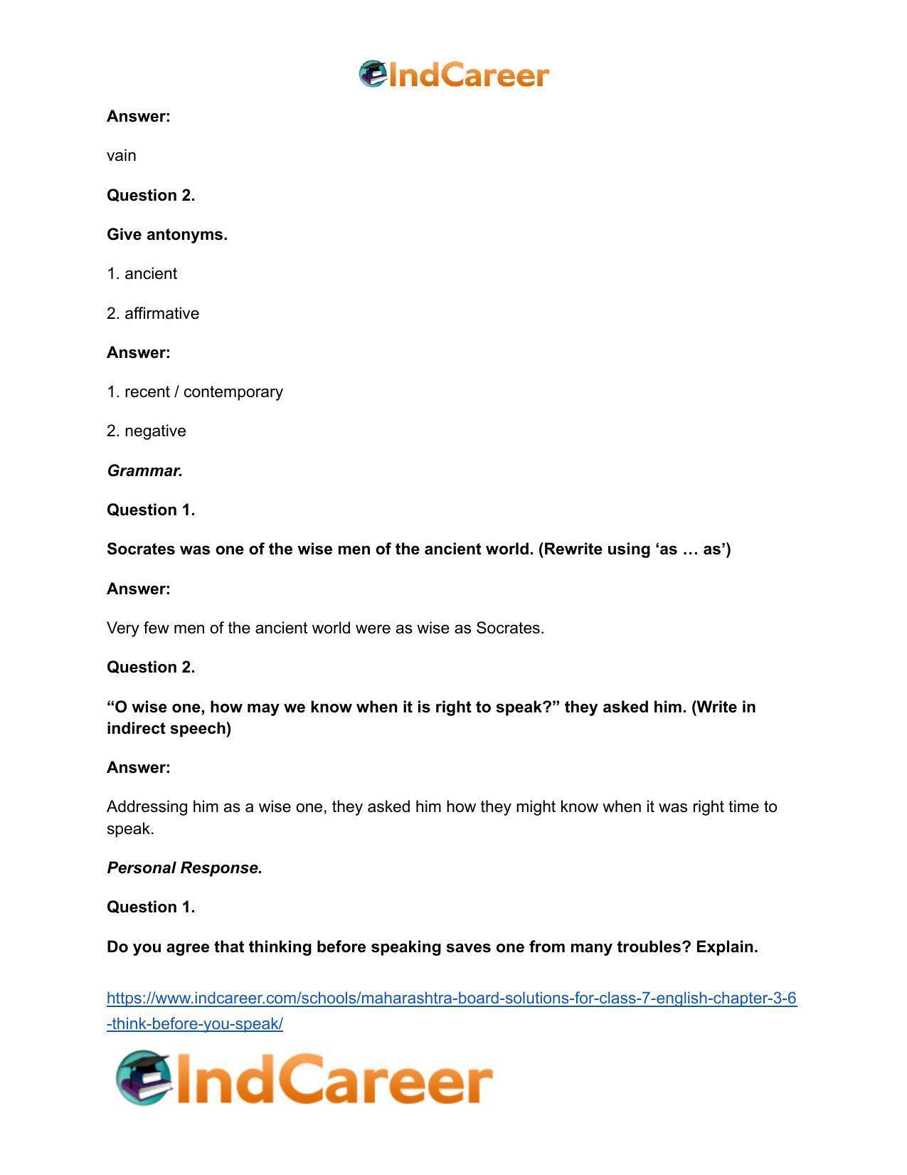 Maharashtra Board Solutions for Class 7- English: Chapter 3.6- Think Before You Speak - Page 11