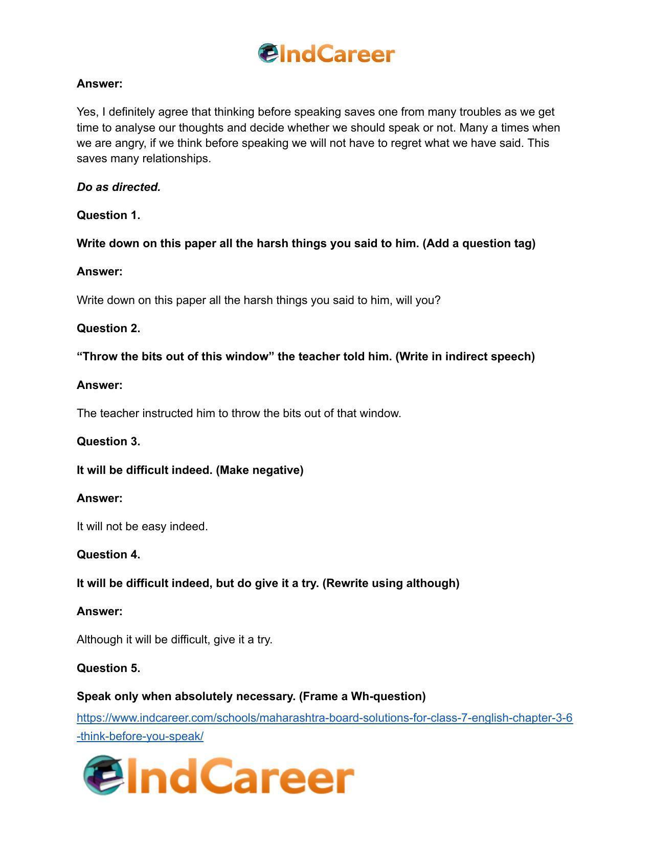 Maharashtra Board Solutions for Class 7- English: Chapter 3.6- Think Before You Speak - Page 12