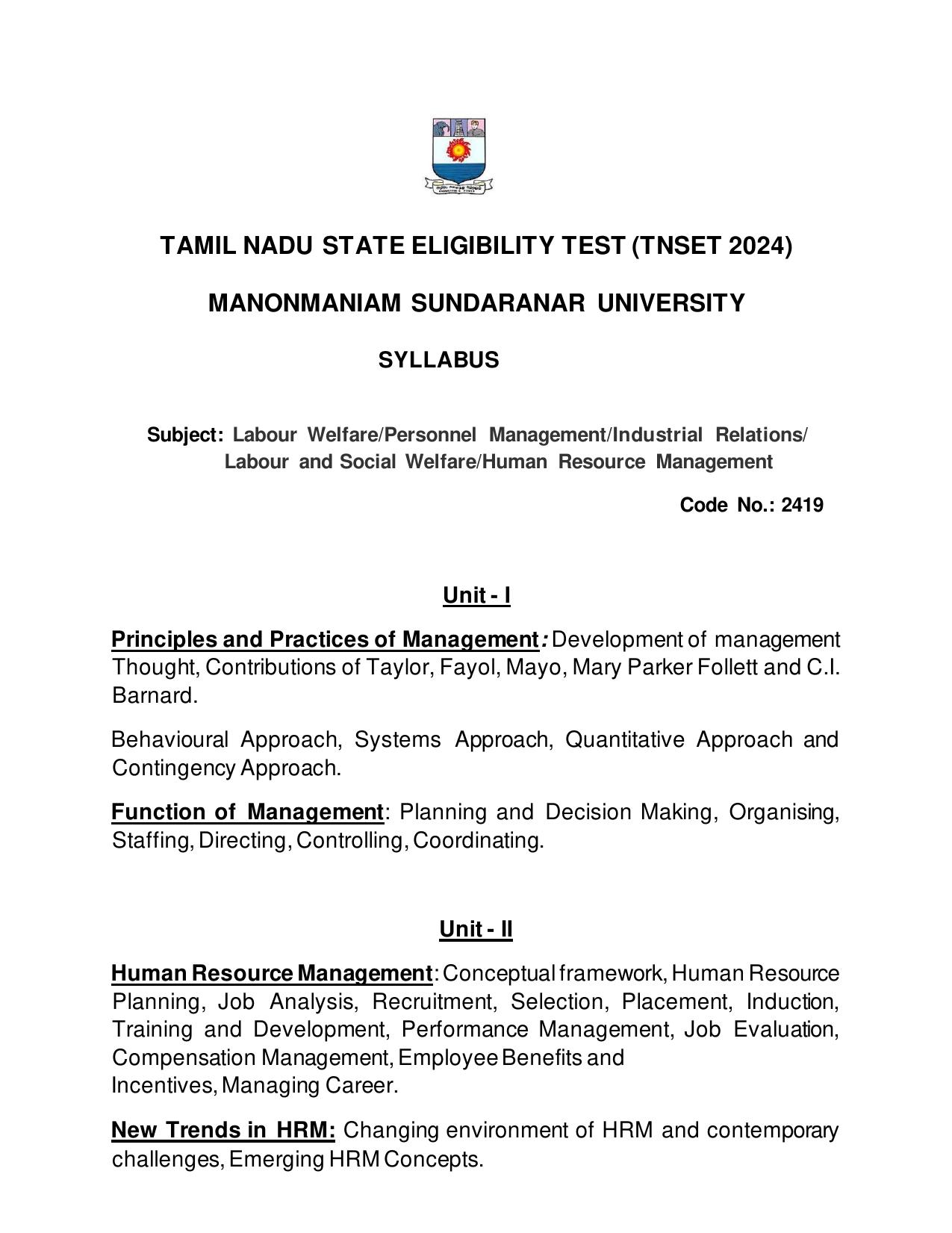 TNSET Syllabus - Labour Welfare/ Personnel Management - Page 1