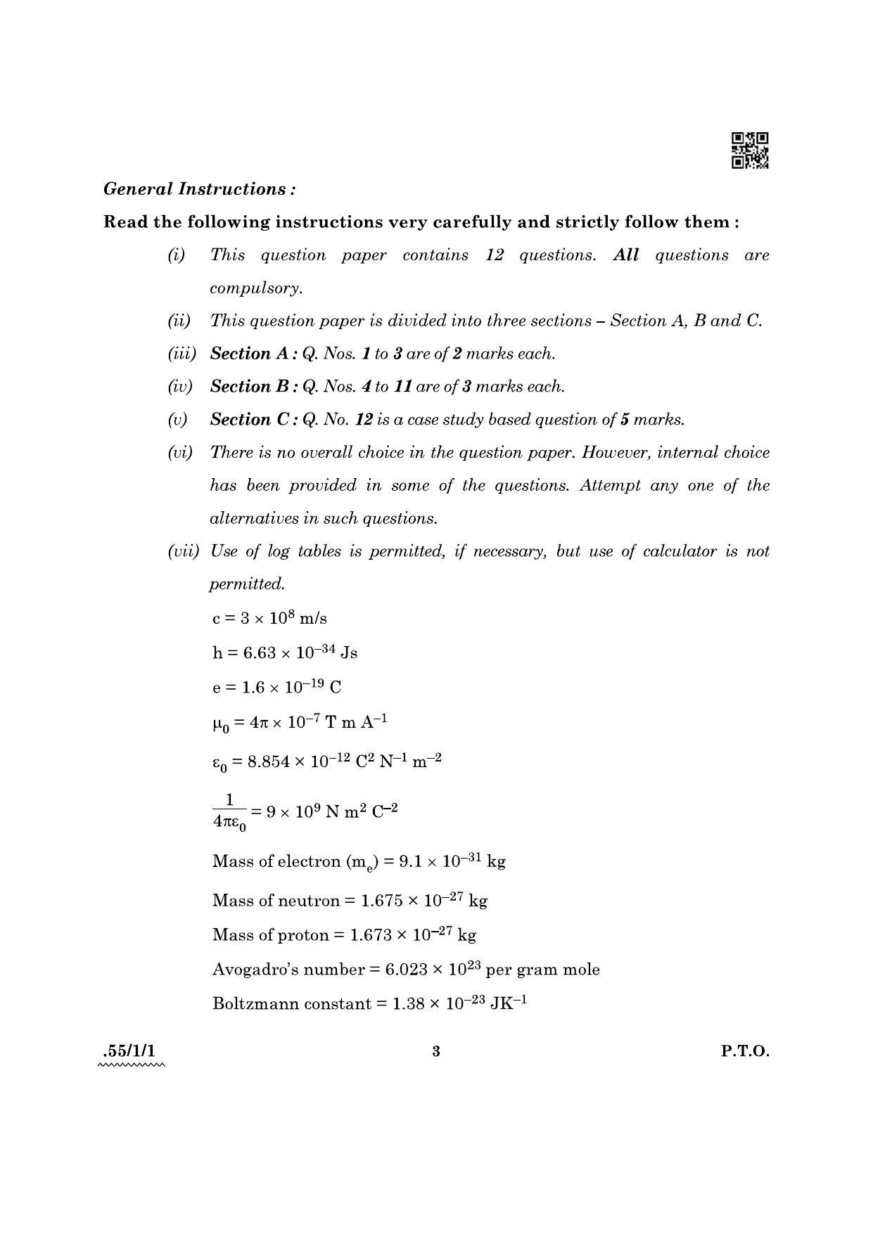 CBSE Class 12 55-1-1 Physics 2022 Question Paper - Page 3