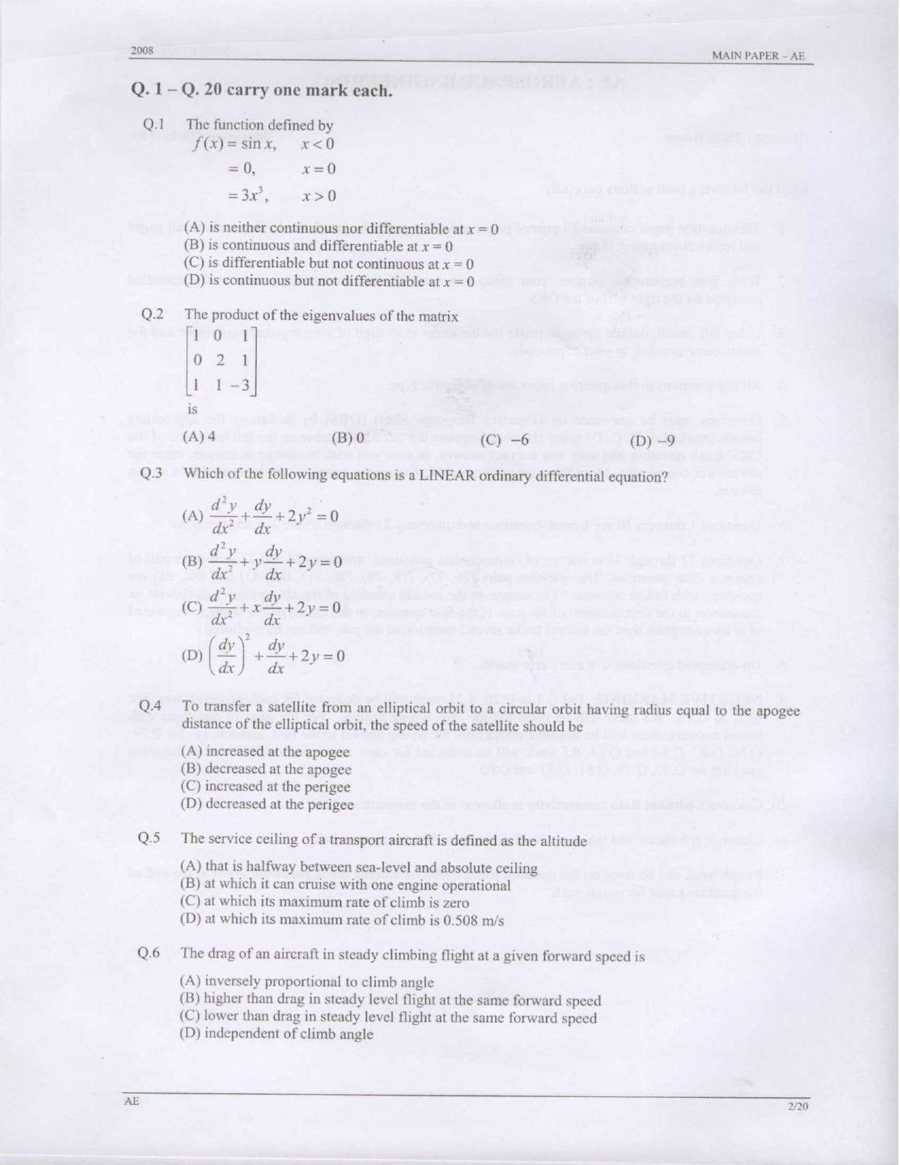 GATE 2008 Aerospace Engineering (AE) Question Paper with Answer Key - Page 2