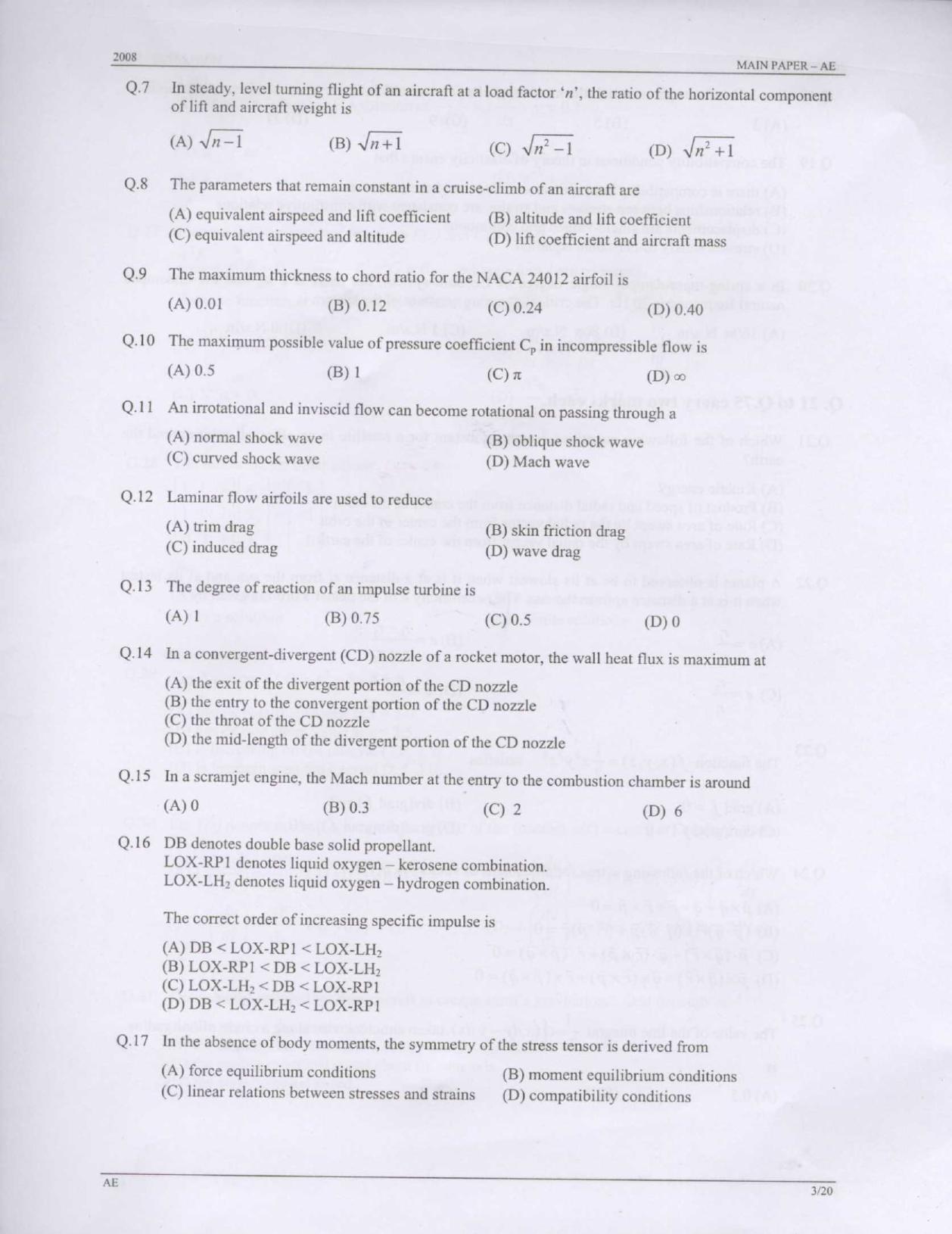 GATE 2008 Aerospace Engineering (AE) Question Paper with Answer Key - Page 3